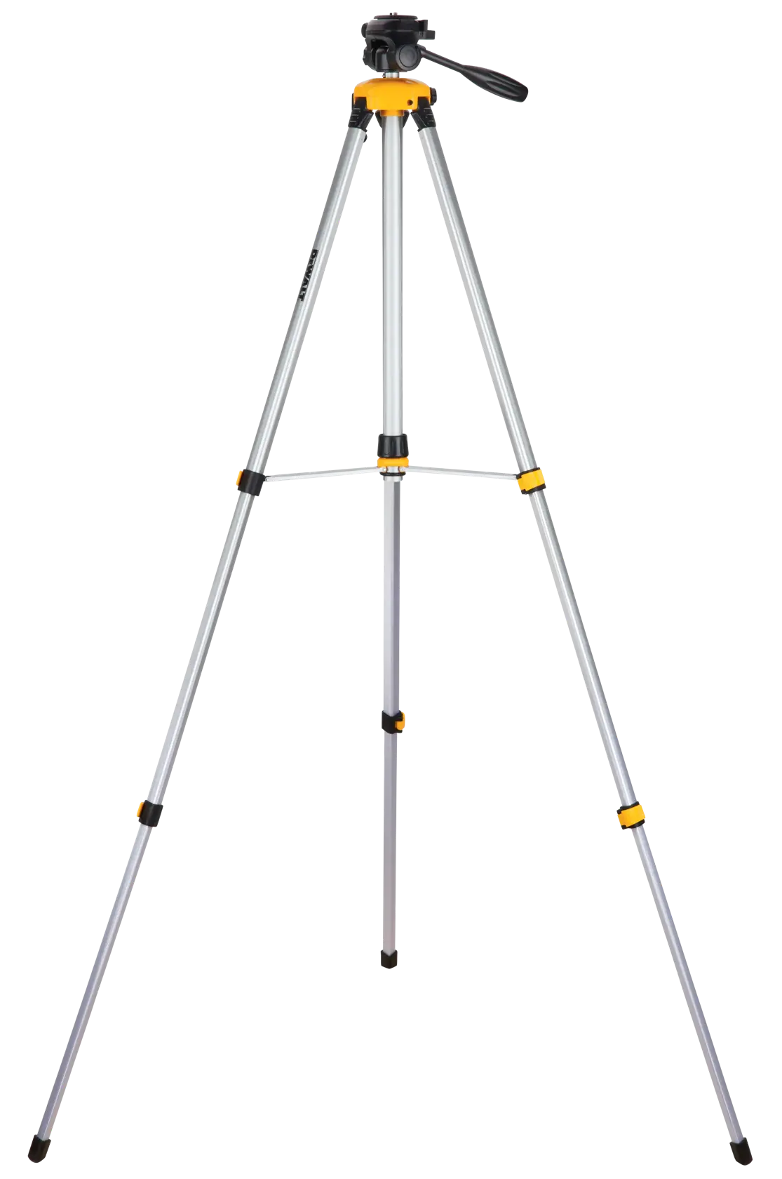 Un trípode de aluminio DEWALT DW0881T con tres patas ajustables, detalles en negro y amarillo, y una manija de giro, diseñado para cámaras o niveles láser.