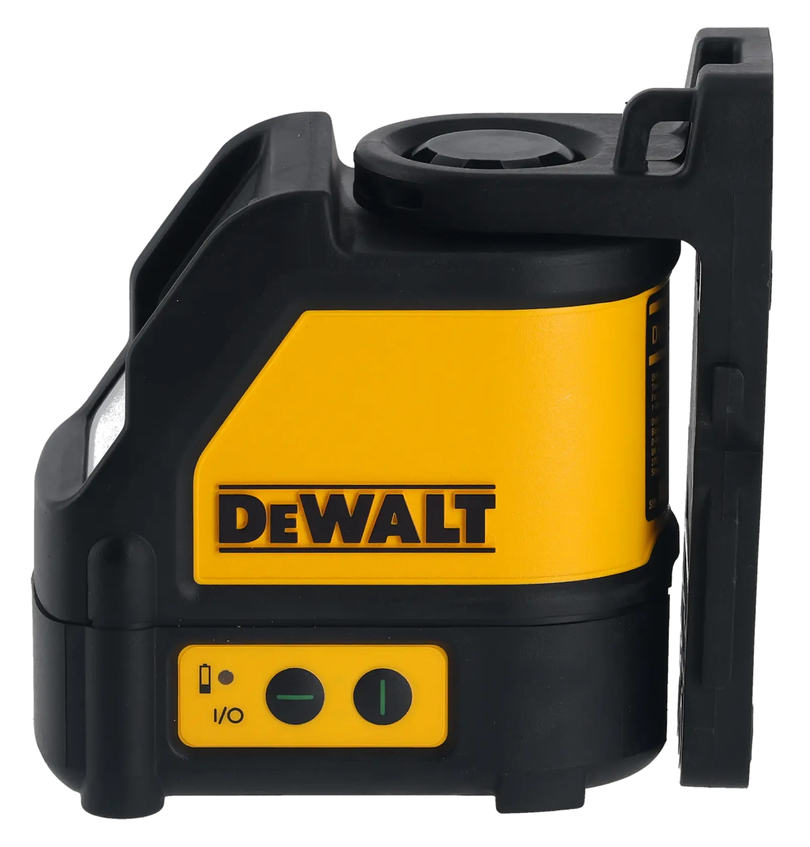Nivel láser de línea cruzada DEWALT DW088CG verde, carcasa amarilla y negra, vista lateral, botones visibles.