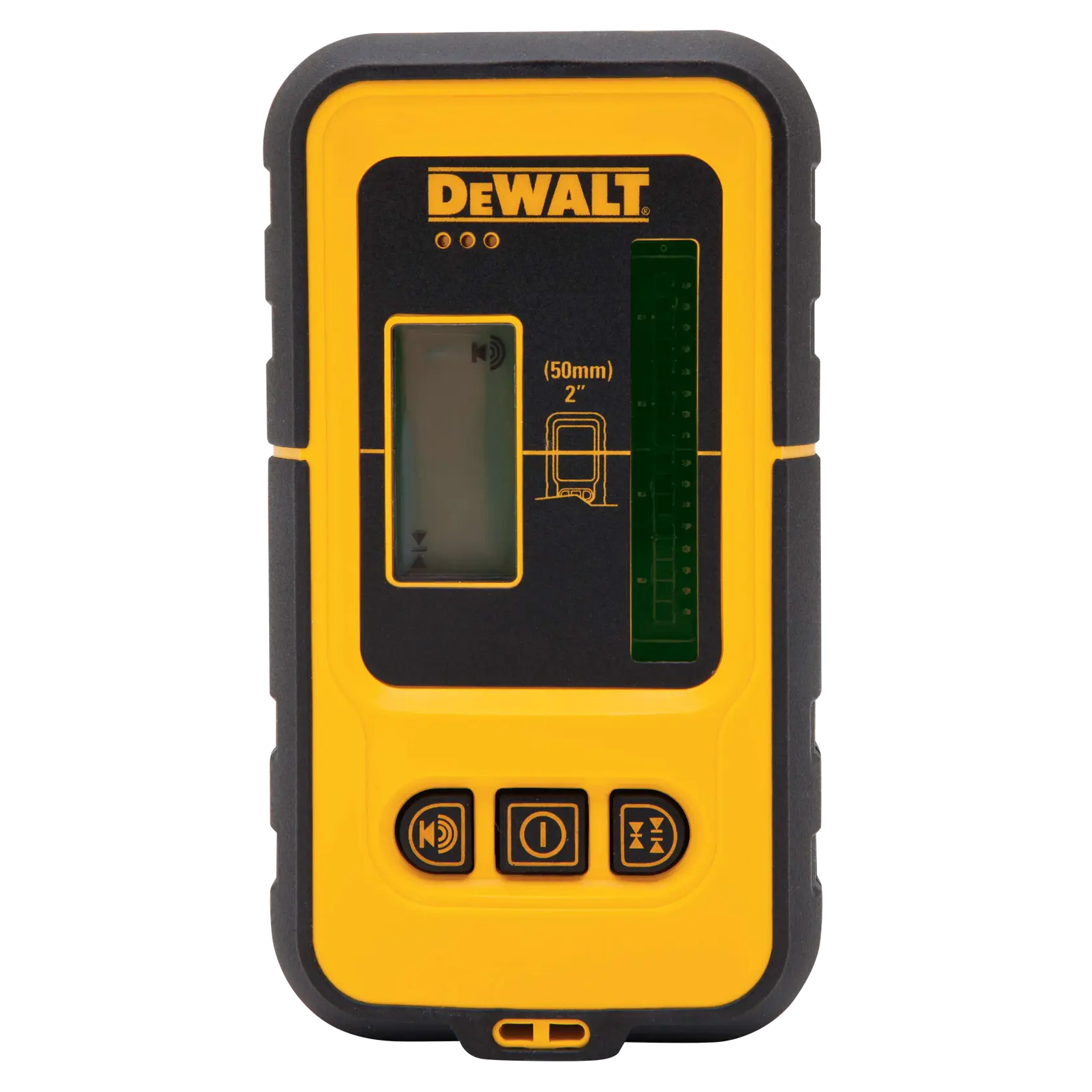 Vista frontal de un detector láser DEWALT DW0892G amarillo y negro con pantalla digital y botones de control.