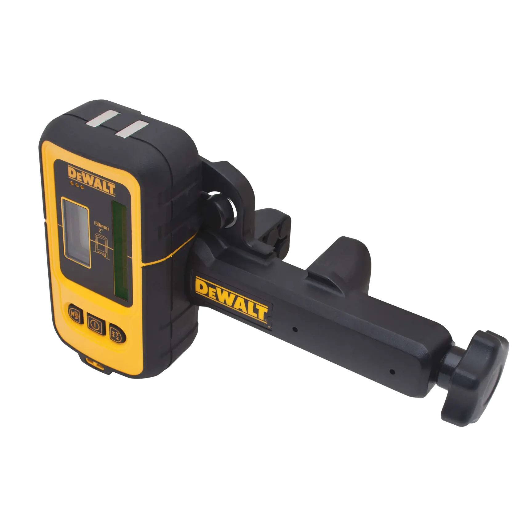 Un detector de línea láser verde de la marca DEWALT con accesorio de abrazadera, diseñado para su uso con herramientas de nivelación relacionadas con la construcción y la fotografía.