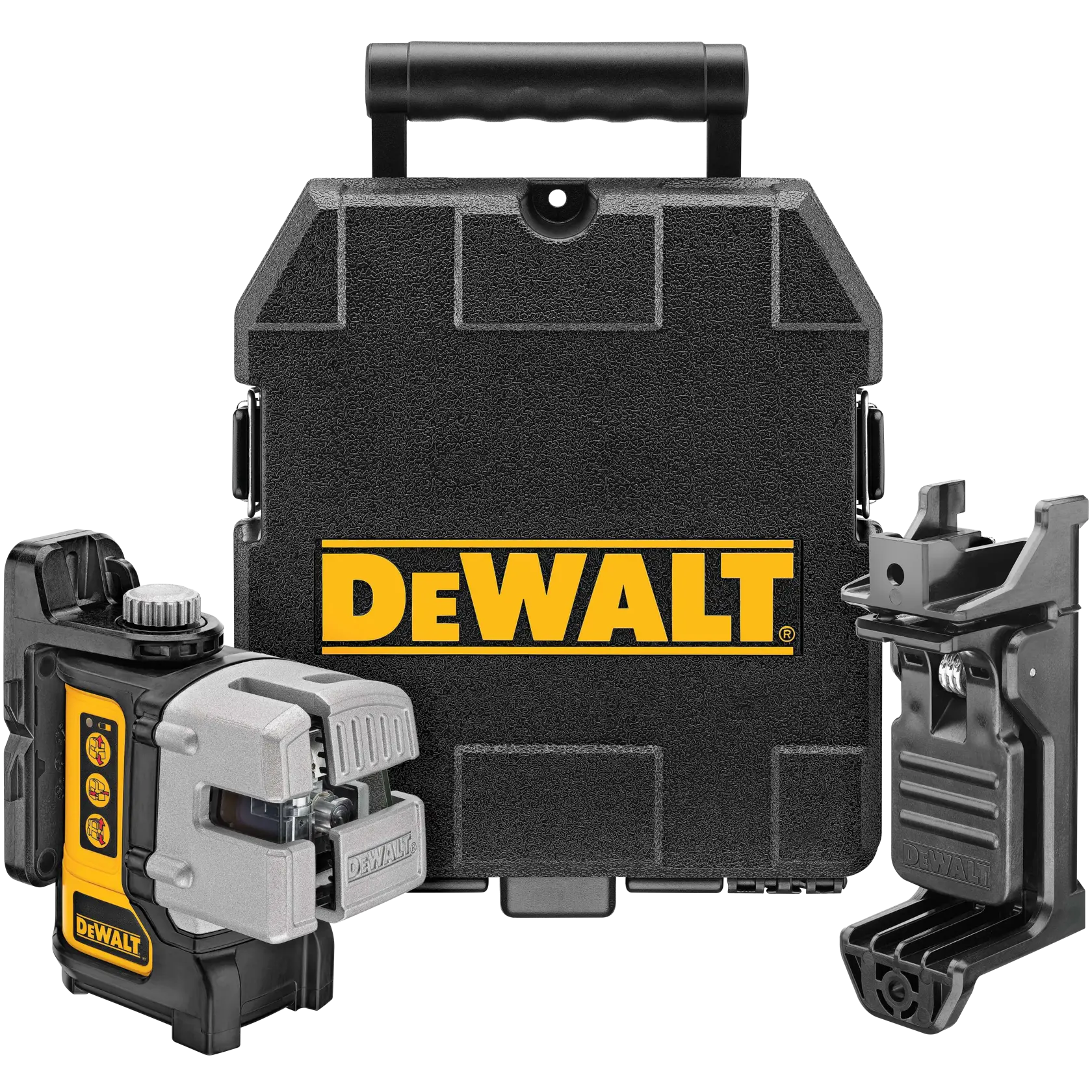 Kit de láser de líneas DEWALT DW089K que incluye un dispositivo de medición láser, un soporte de montaje y una caja de transporte rígida con el logo DEWALT.