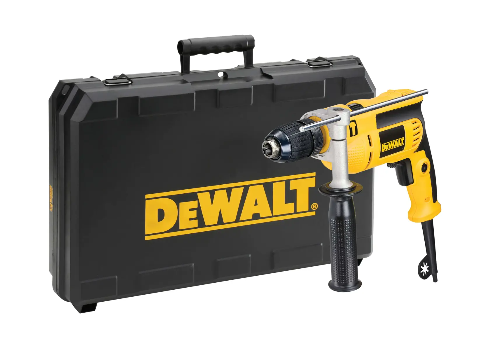 Un taladro eléctrico DEWALT amarillo y negro con mango lateral, colocado frente a un estuche de transporte negro con el logotipo DEWALT.