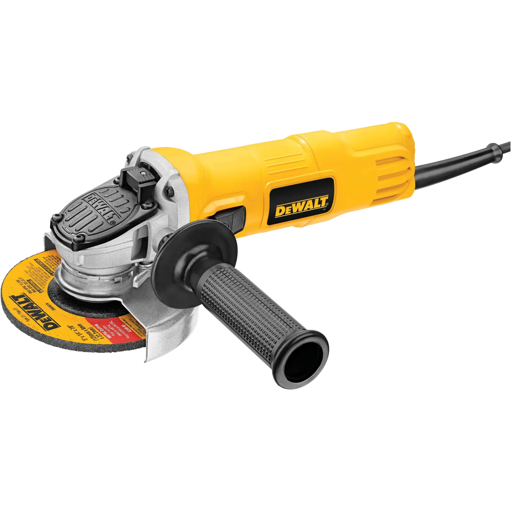 Una amoladora angular amarilla DEWALT con empuñadura lateral y disco de lijado instalado, fotografiada sobre fondo blanco.