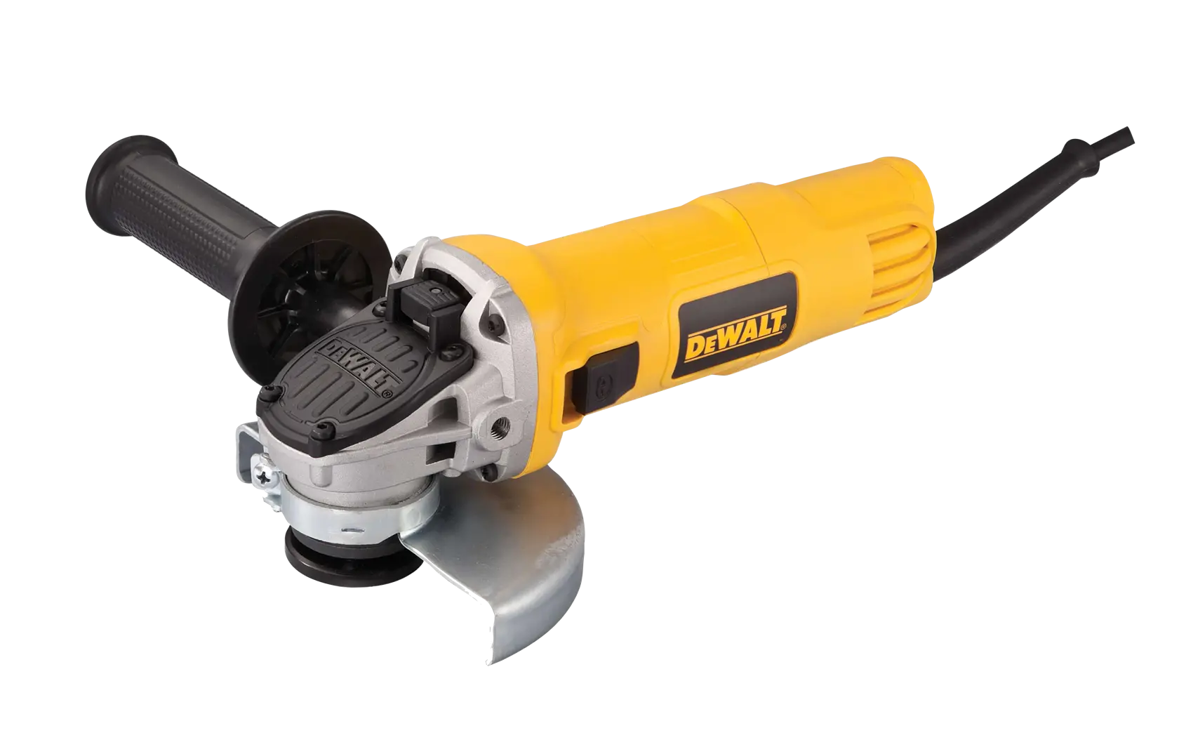Una amoladora angular DEWALT amarilla y negra con empuñadura lateral y cable de alimentación, comúnmente utilizada para cortar, esmerilar y pulir.
