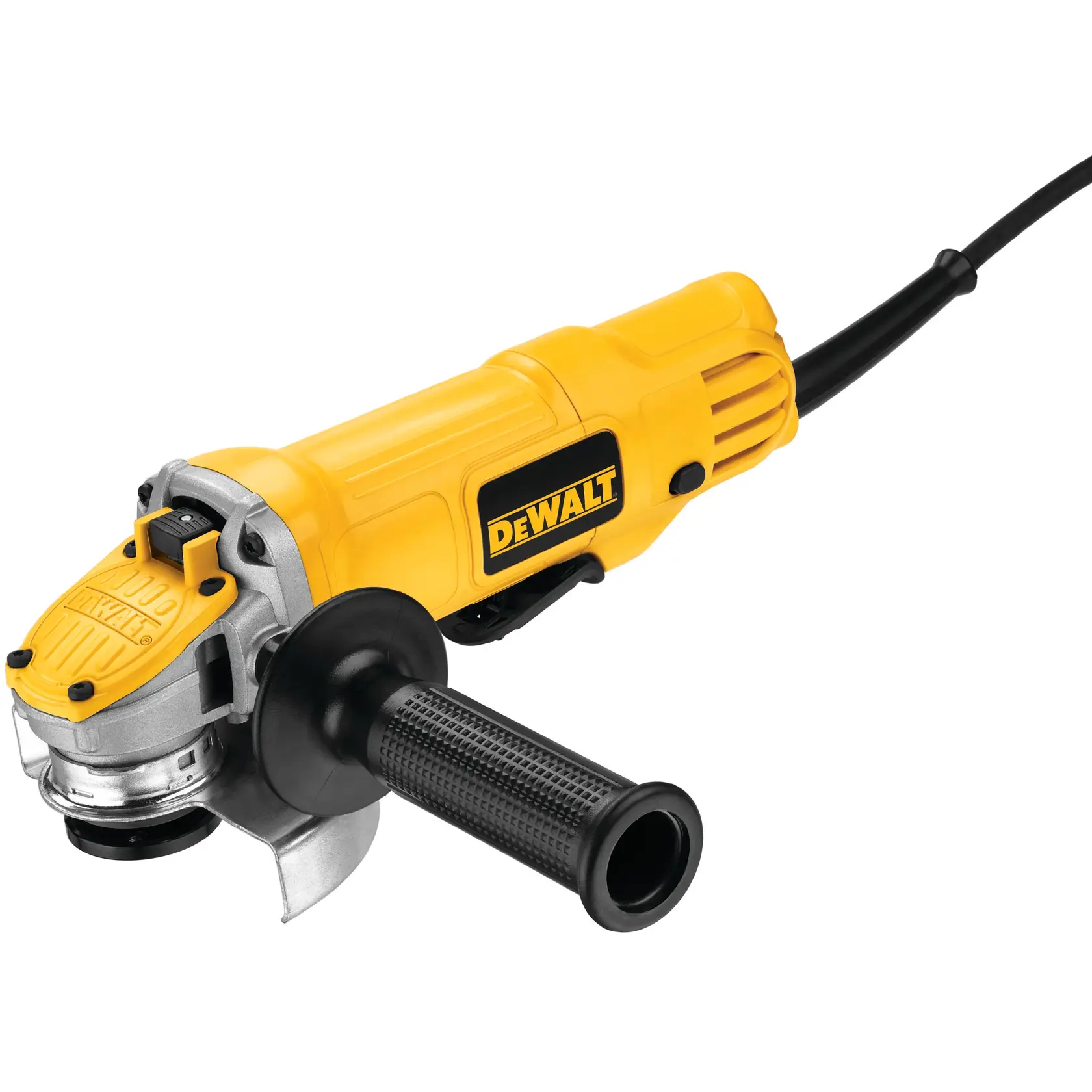 Una amoladora angular DEWALT DWE4120 con cuerpo amarillo y mango negro, mostrada sobre un fondo blanco.