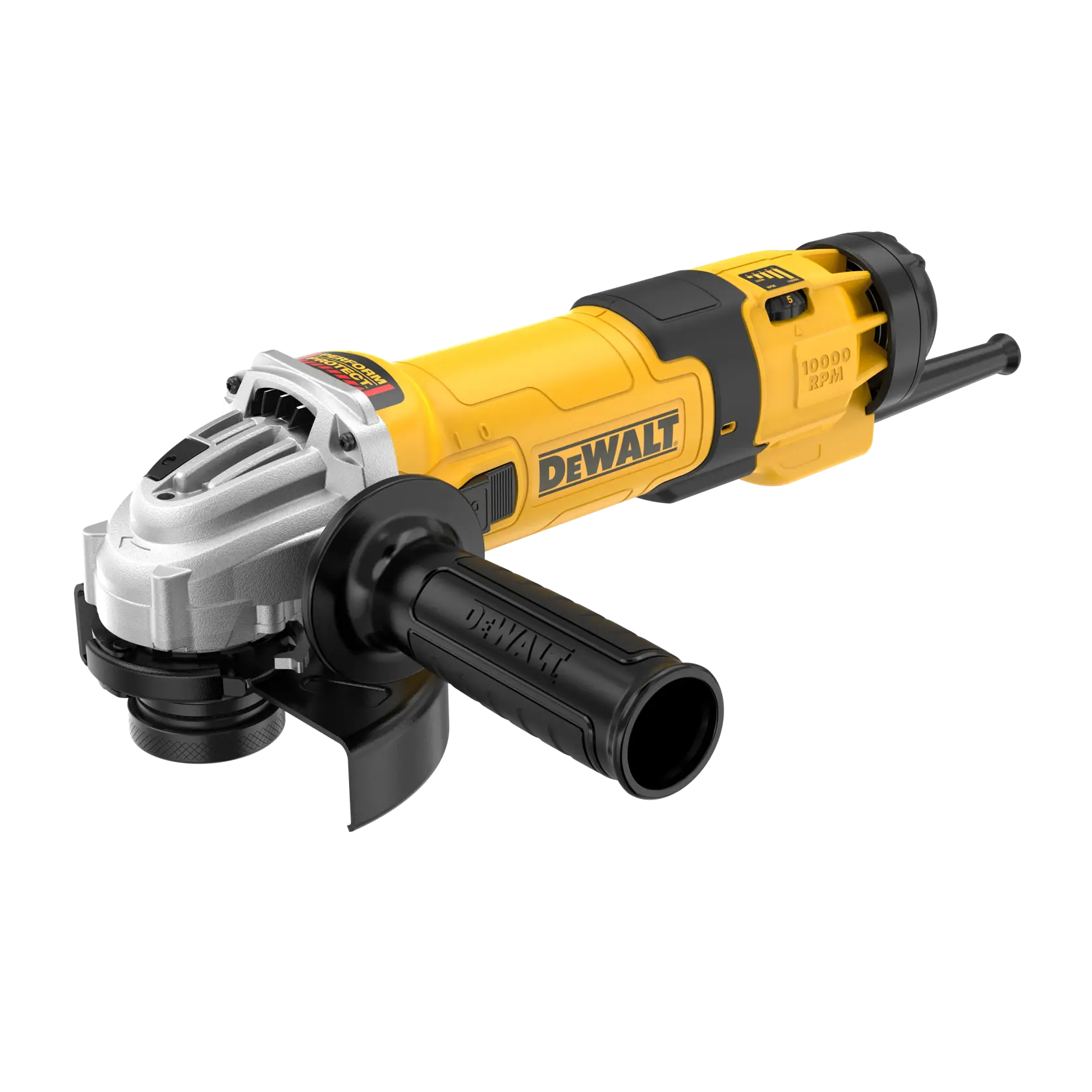 Una amoladora angular eléctrica DEWALT de color amarillo y negro con mango lateral y cable de alimentación, mostrada sobre fondo blanco.