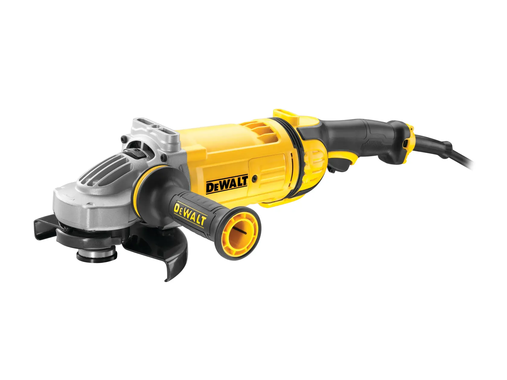 Amoladora angular con cable DEWALT de color amarillo y negro, con mango lateral y protector de seguridad, modelo DWE4557.