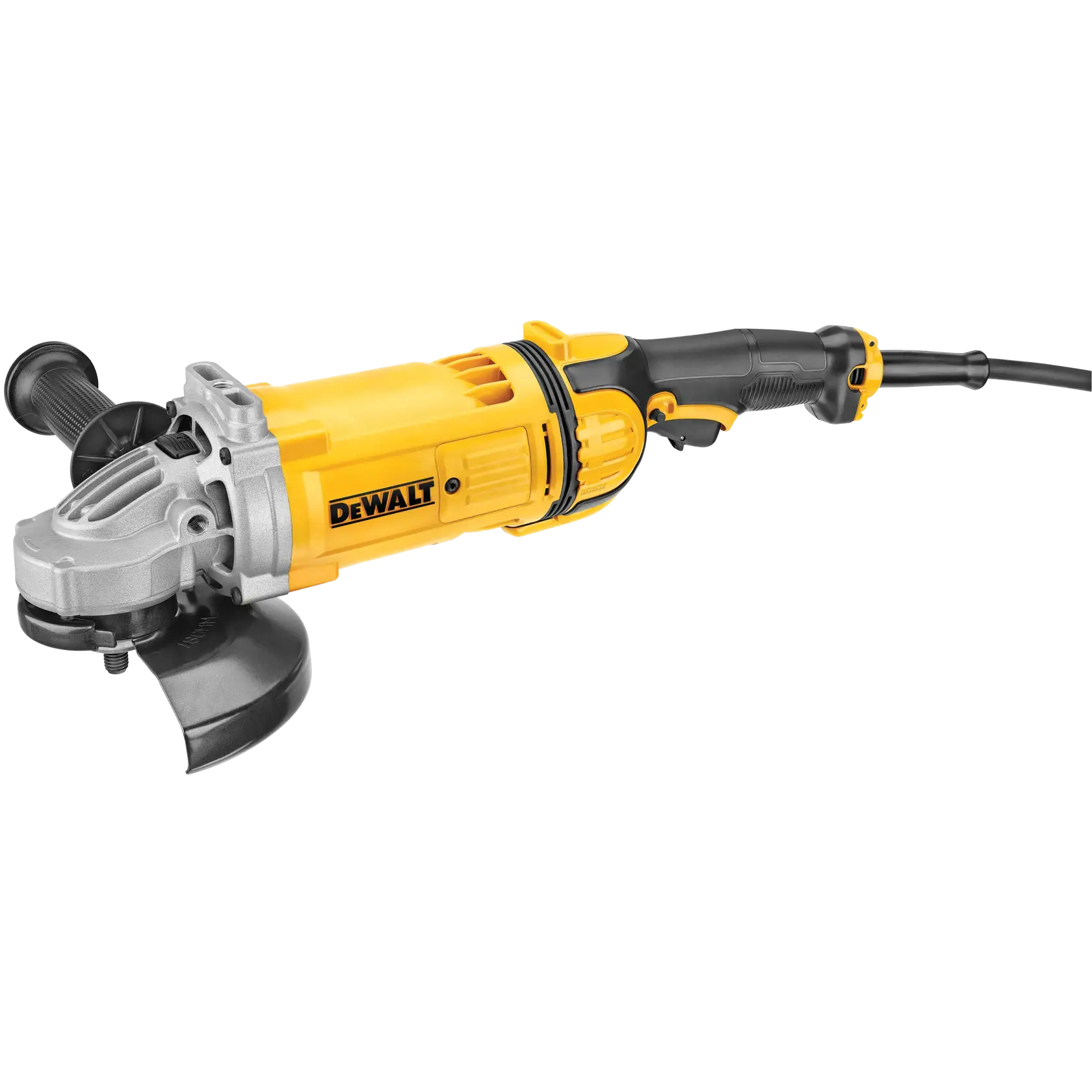 Una amoladora angular eléctrica DEWALT de color amarillo y negro con empuñadura lateral y cable de alimentación, modelo DWE4557, sobre un fondo blanco.
