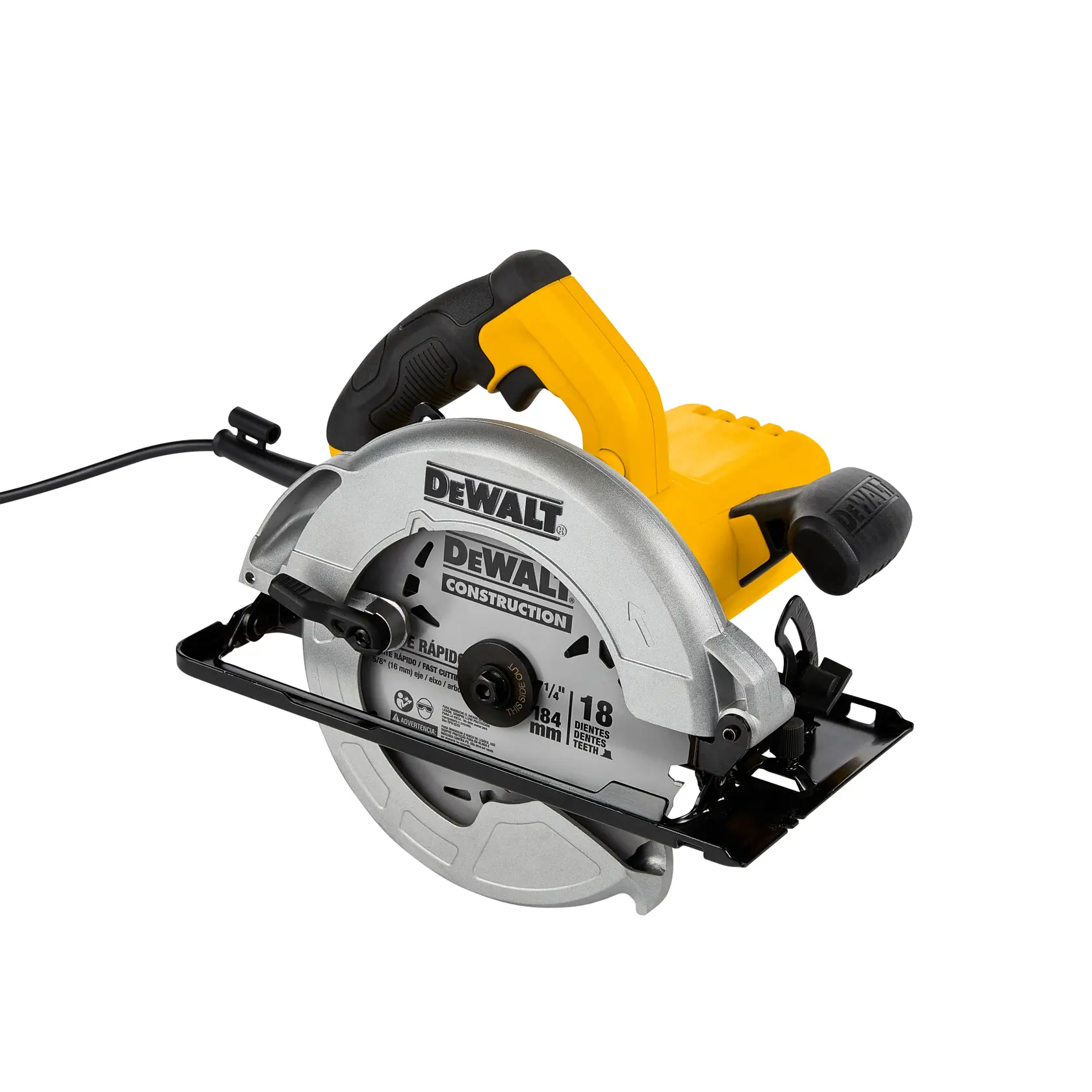 Una sierra circular con cable DEWALT, modelo DWE5615, con mango amarillo y negro y protector de hoja plateado, sobre fondo blanco.