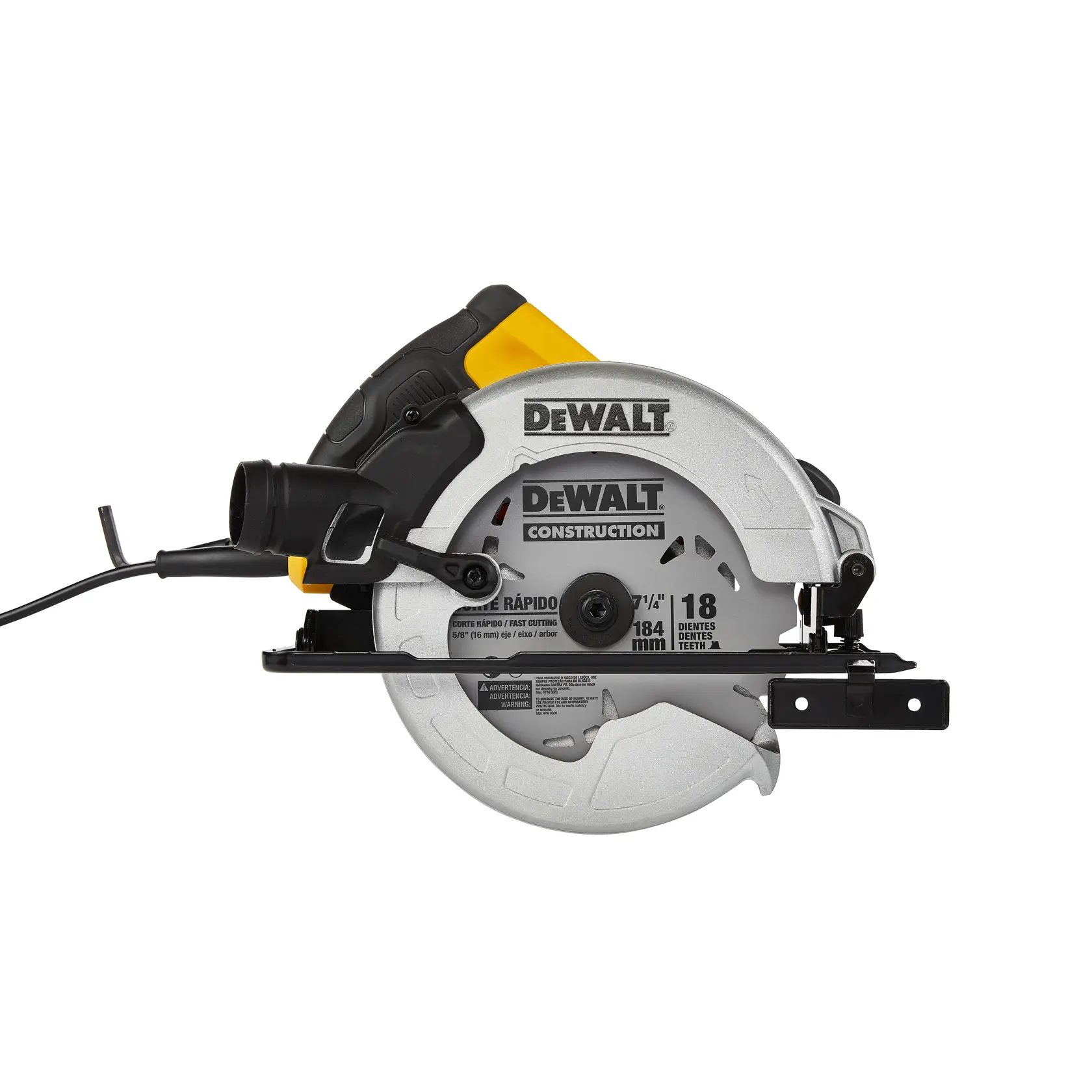 Una sierra circular de la marca DEWALT con protector de hoja plateado y negro, mango amarillo y negro y cable de alimentación.