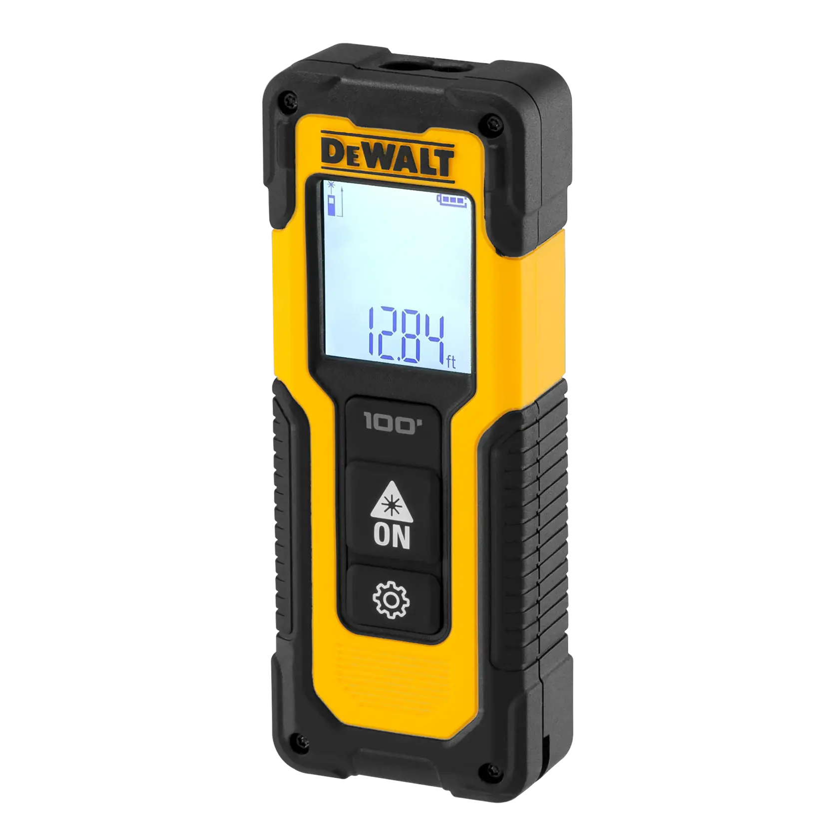 Un medidor de distancia digital láser portátil de color amarillo y negro con una pantalla que muestra una lectura de 128.4 pies, marca DEWALT. Tiene varios botones para su funcionamiento y un diseño robusto.