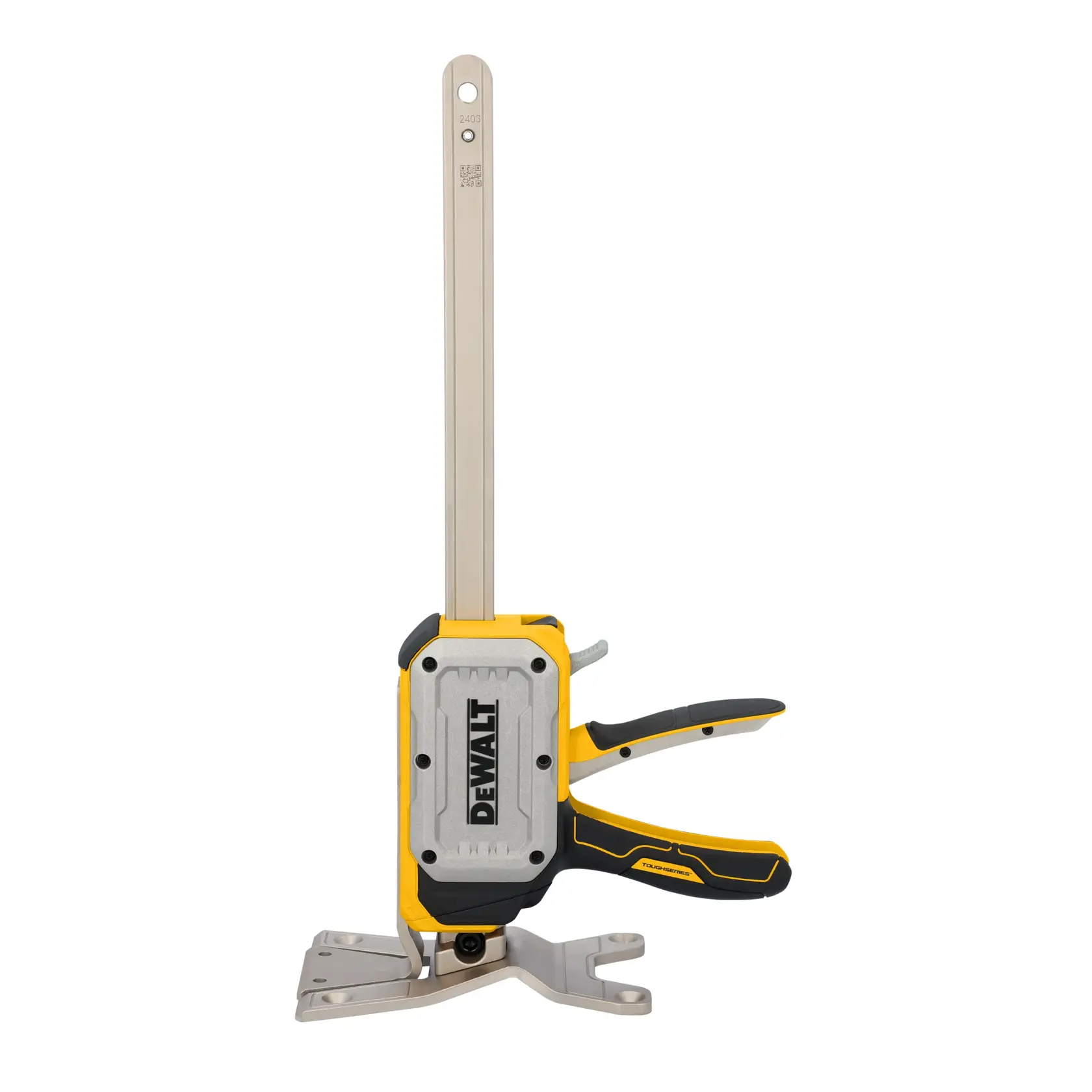 Herramienta de elevación DEWALT ToughSeries con liberación rápida, base estable y diseño manos libres.