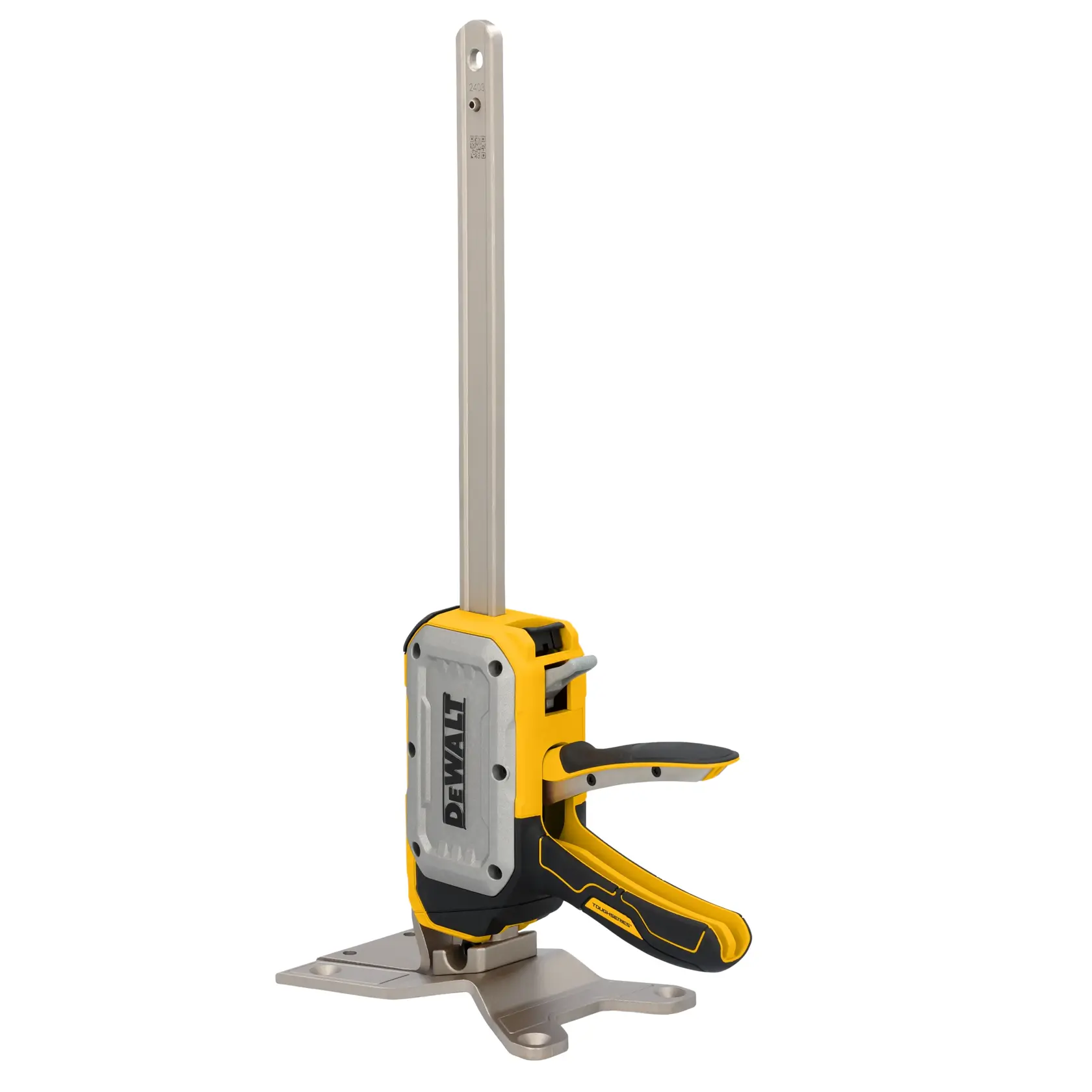 Herramienta de elevación DEWALT ToughSeries con liberación rápida, base estable y diseño manos libres.