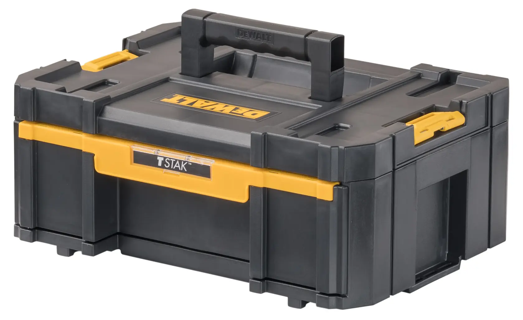 Una caja de almacenamiento de herramientas DEWALT TSTAK negra y amarilla con asa en la parte superior y cierres resistentes.