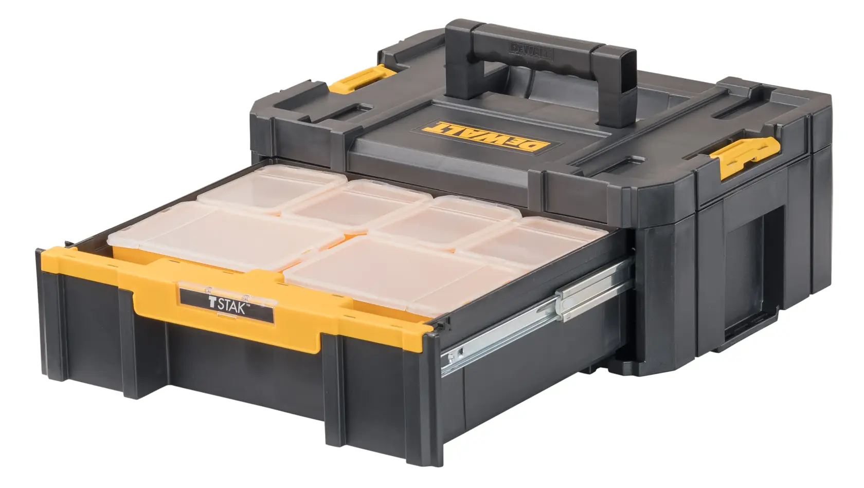 Un organizador de almacenamiento DEWALT negro y amarillo con asa, que tiene un cajón extraíble con varios compartimentos transparentes, adecuado para organizar objetos pequeños y herramientas.