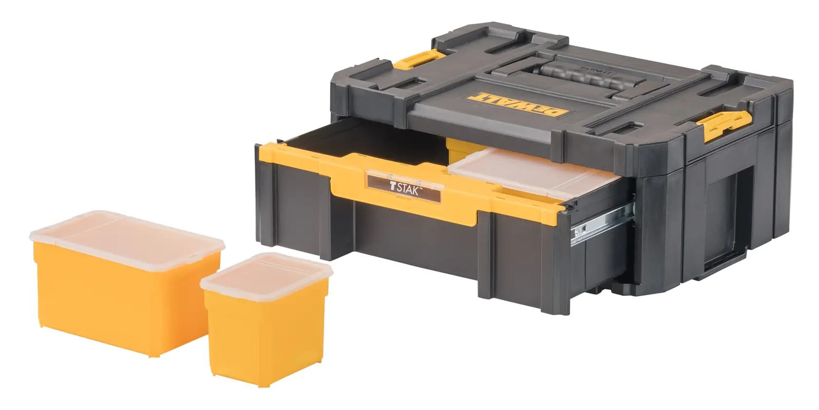Una caja de almacenamiento de herramientas DEWALT negra y amarilla con un cajón deslizable, junto a dos recipientes de almacenamiento amarillos con tapas transparentes.