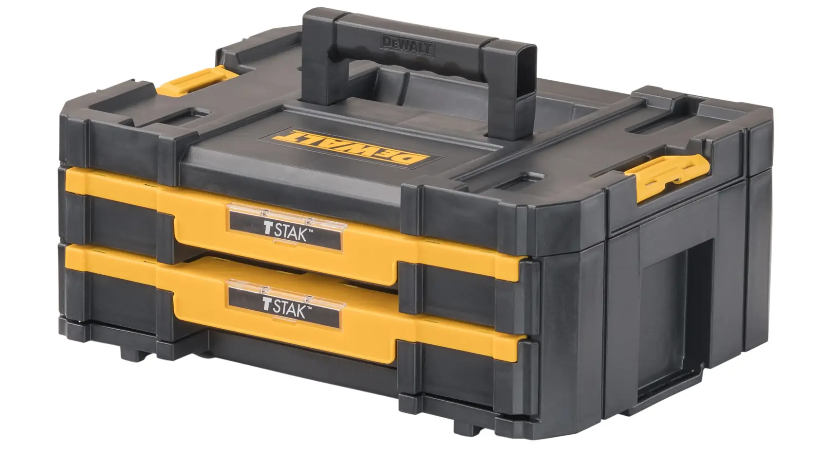 Una caja de almacenamiento de herramientas DEWALT TSTAK con dos cajones. La caja es negra con detalles amarillos, tiene una asa resistente en la parte superior y cuenta con cierres y etiquetas en cada cajón.