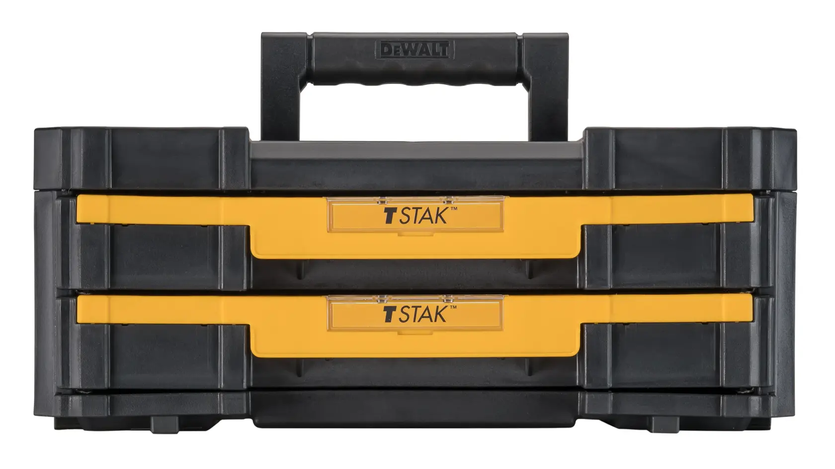 Vista frontal de un organizador de herramientas DEWALT TSTAK con dos cajones amarillos y un asa negra, diseñado para el almacenamiento portátil y la organización de herramientas y accesorios.