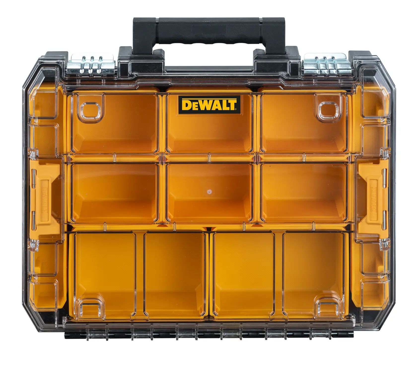Un estuche organizador de plástico de la marca DEWALT con tapa transparente, que tiene varios compartimentos amarillos para almacenar objetos pequeños o herramientas. Hay una asa negra en la parte superior para transportar.