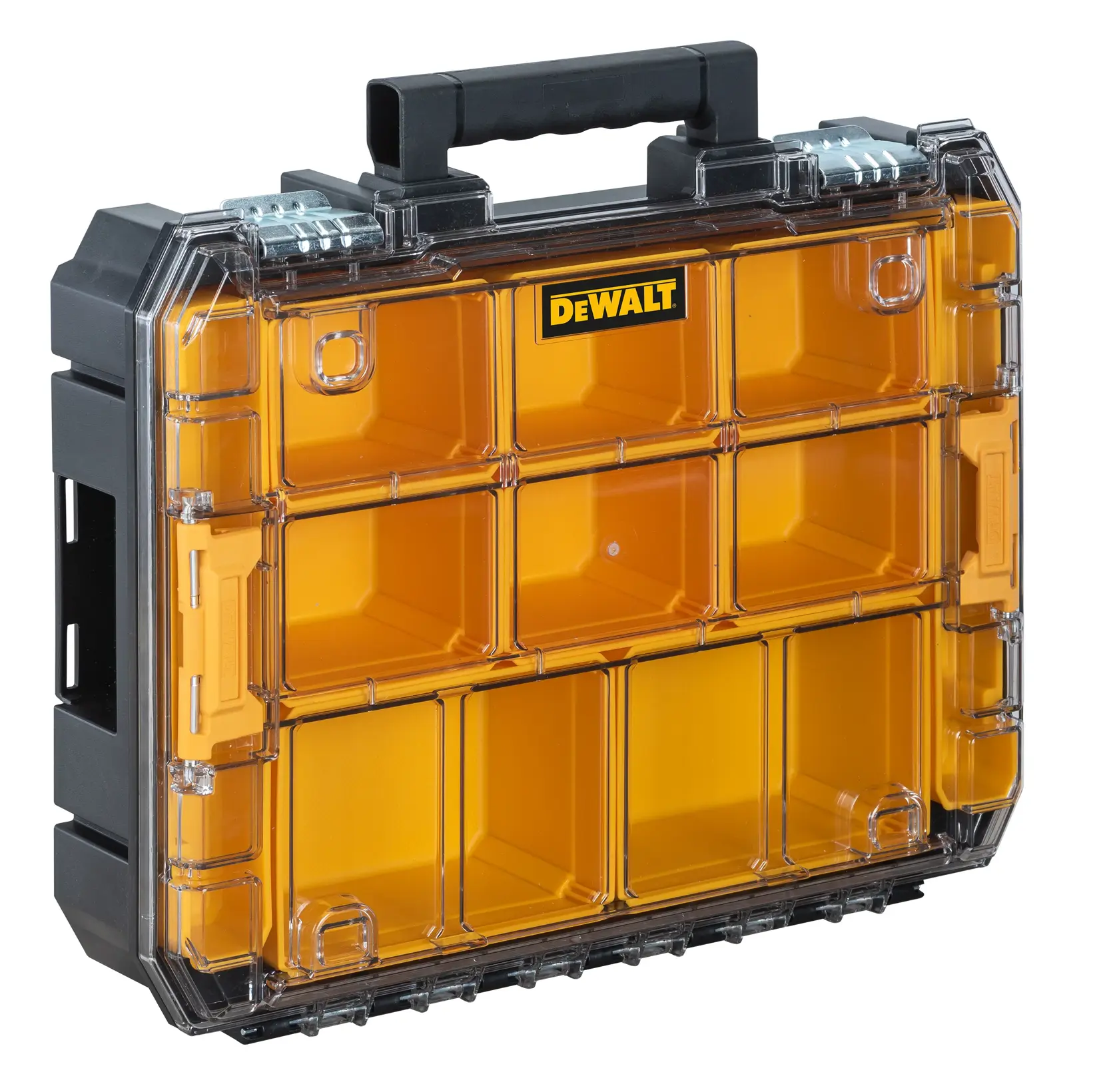 Una caja organizadora DEWALT con tapa transparente, que muestra varios compartimentos naranja para guardar herramientas y piezas pequeñas. La caja tiene una asa negra y cierres resistentes.