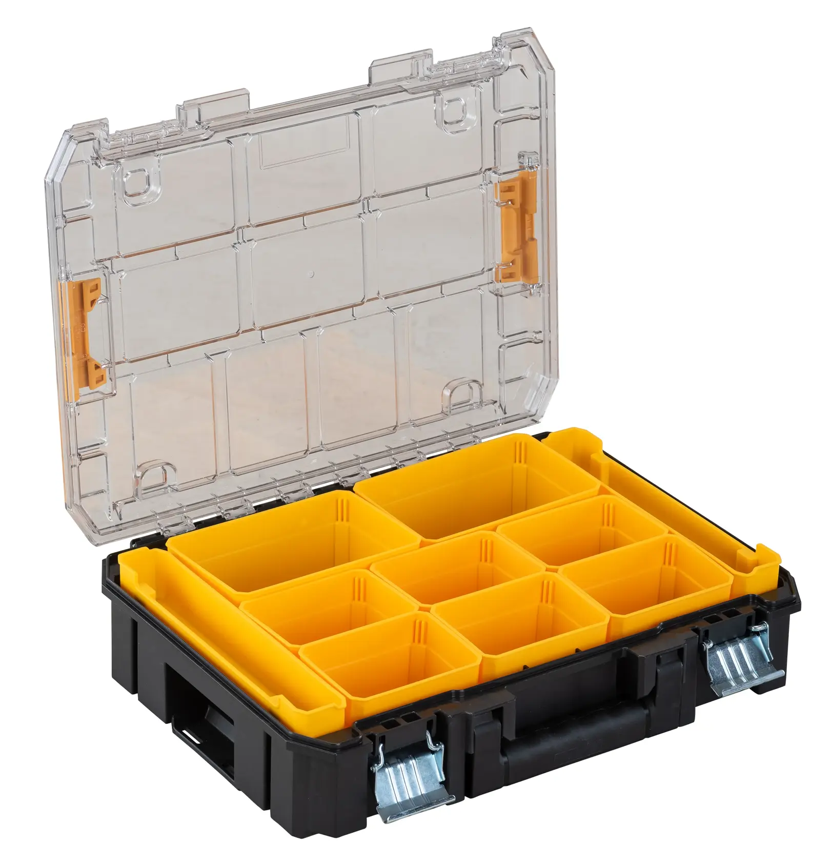 Caja organizadora DEWALT de plástico negro y amarillo con tapa transparente abierta, mostrando varios compartimentos para guardar piezas pequeñas.