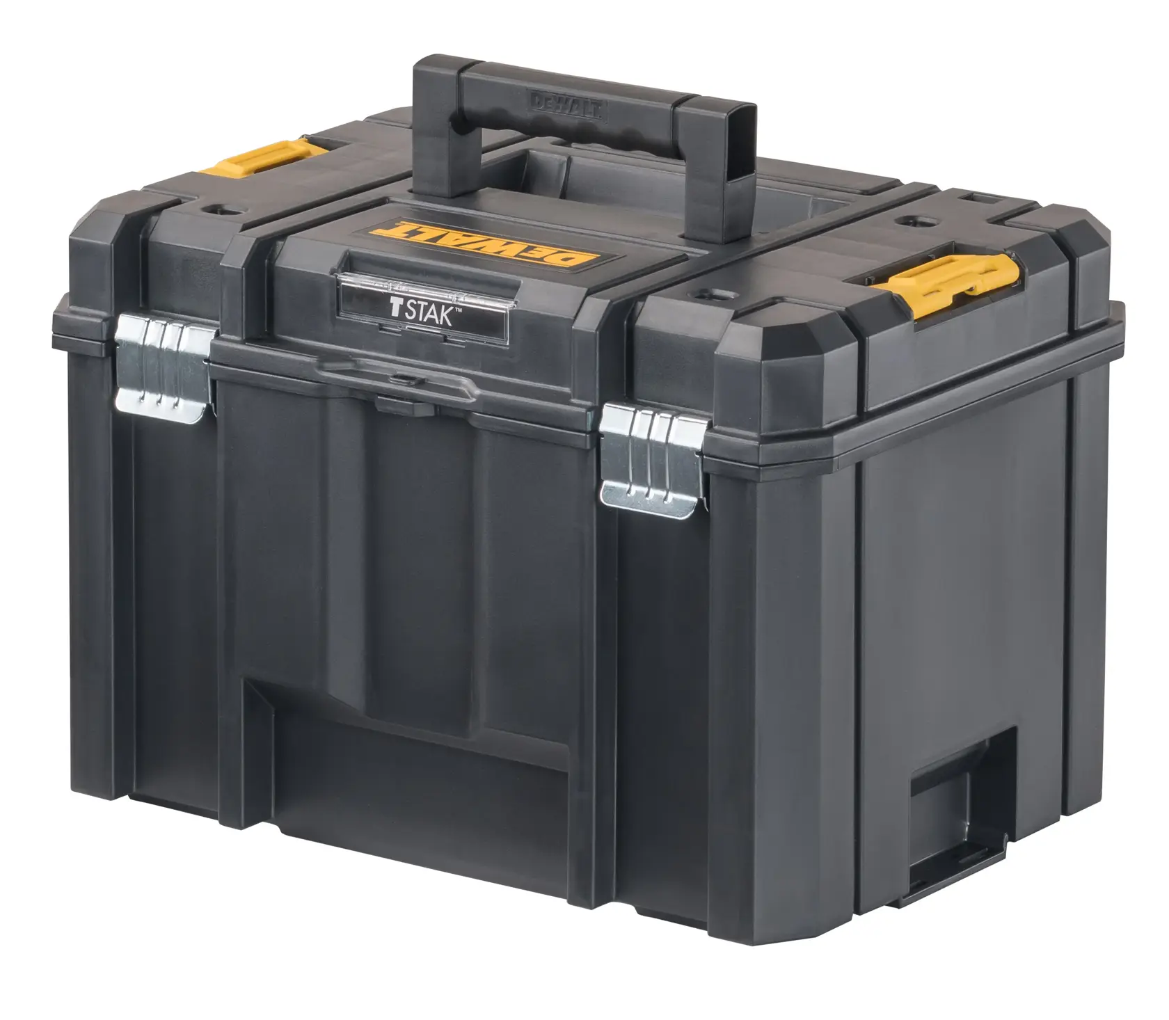 Caja de almacenamiento modular para herramientas DEWALT TSTAK de color negro con cierres metálicos, asa robusta y detalles en amarillo. Está diseñada para guardar y transportar herramientas de manera segura.