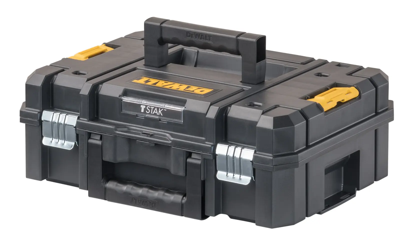 Caja de herramientas DEWALT TSTAK negra con detalles amarillos y asa resistente, con cierres metálicos para un cierre seguro.