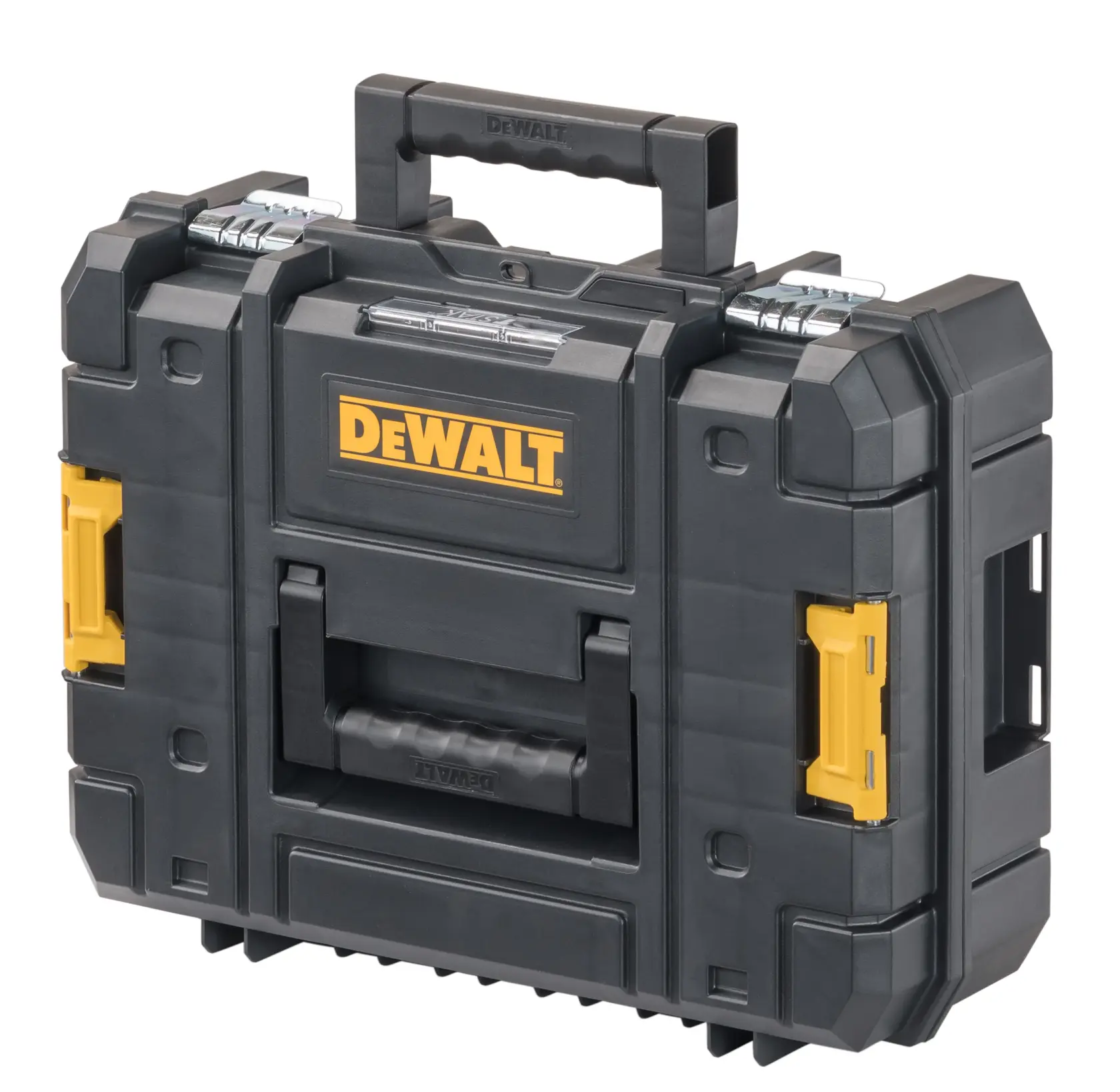 Se muestra una caja de herramientas negra DEWALT con asa. El texto resalta su material ultrarresistente y capacidad de 66 lbs (30 kg). SKU del producto: DWST17807.