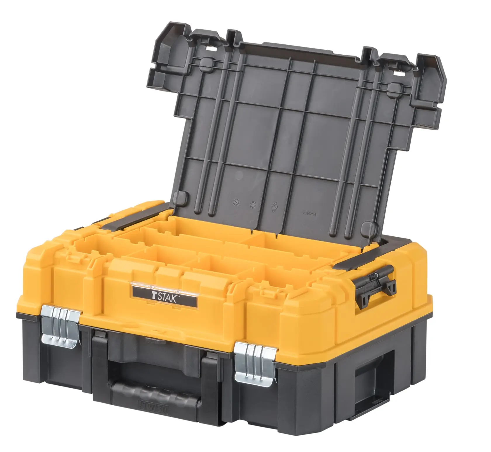 Una caja de almacenamiento de herramientas de plástico amarillo y negro con la tapa abierta, mostrando compartimentos internos. La caja tiene un asa para transportar y cierres metálicos, adecuada para organizar herramientas y accesorios.