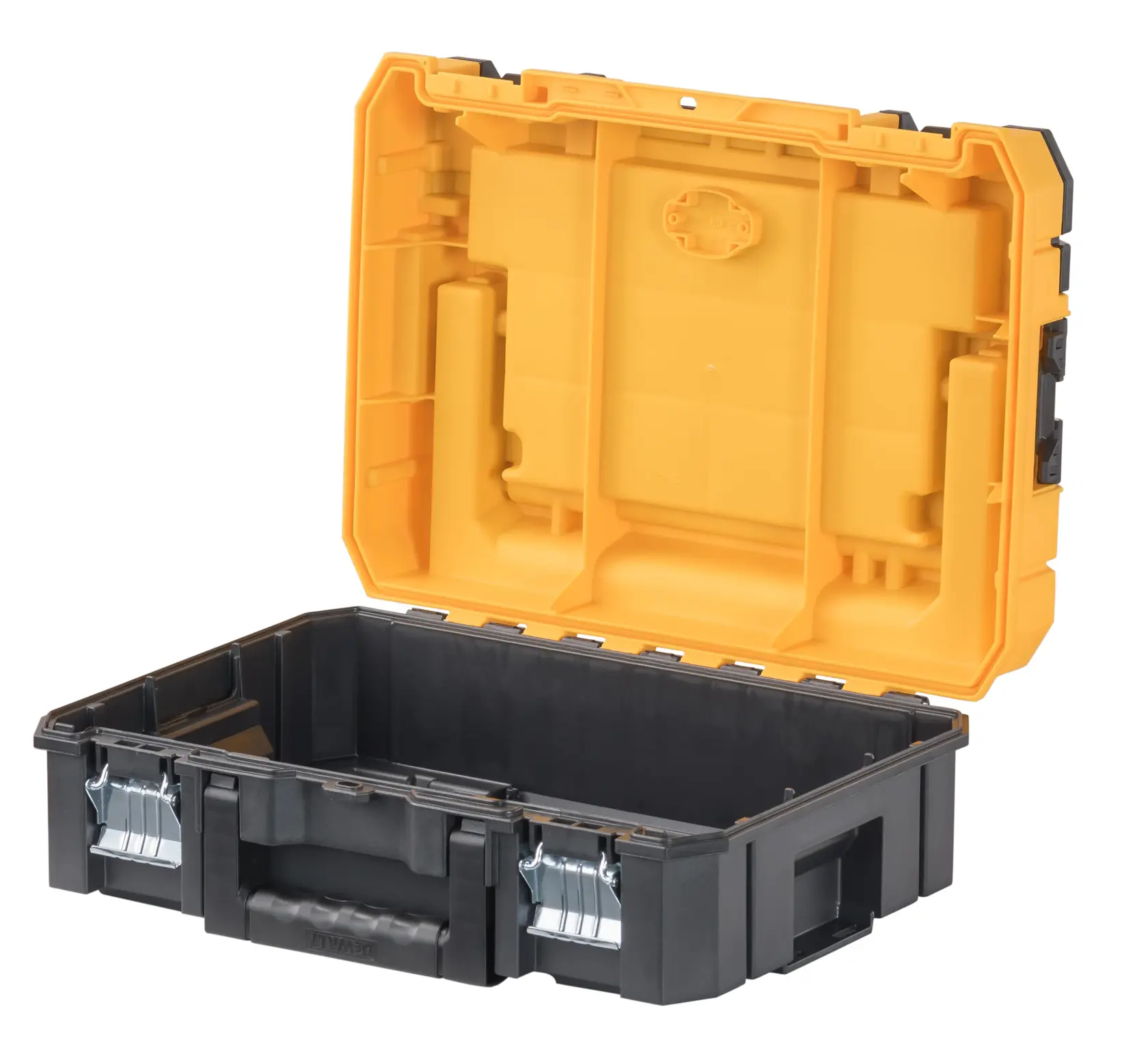 Caja de herramientas DEWALT de plástico negro y amarillo con la tapa abierta, mostrando el compartimento principal vacío y cierres metálicos resistentes.