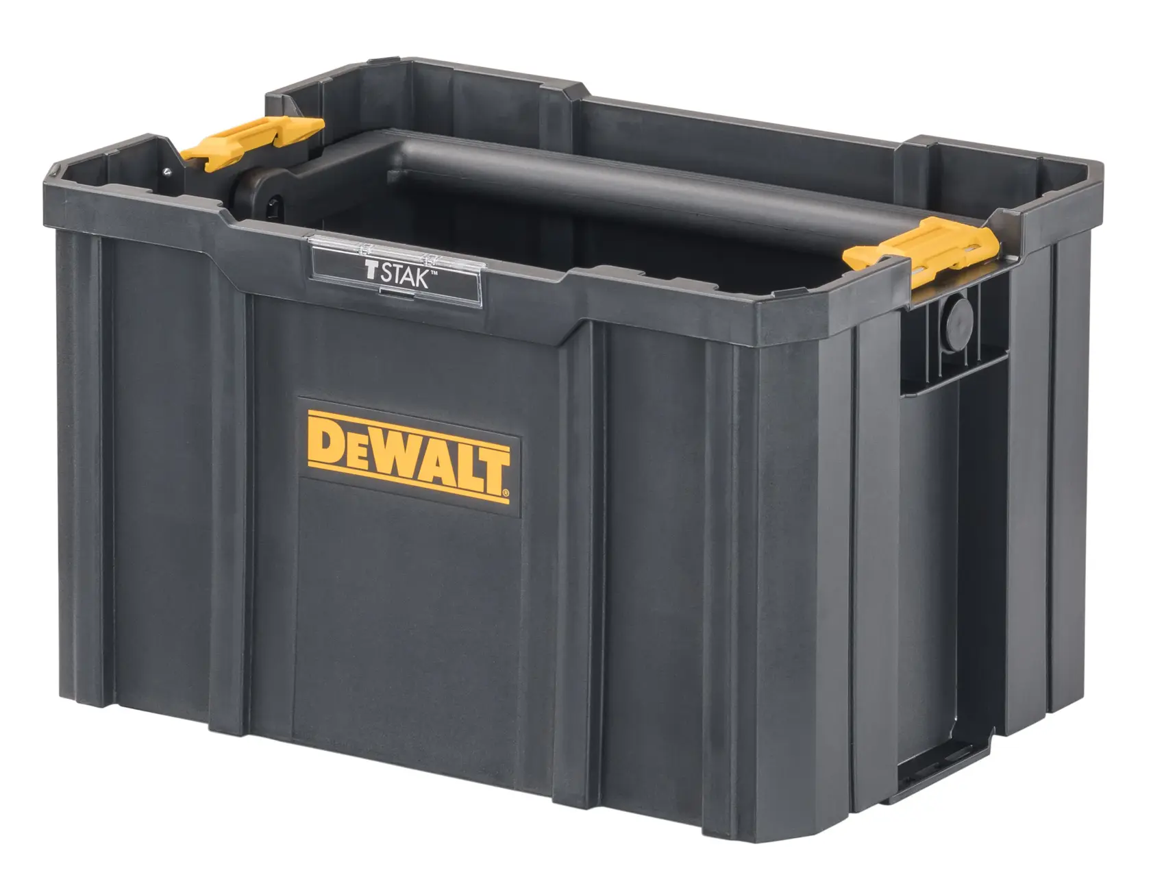 Caja de herramientas profunda DEWALT TSTAK hecha de plástico negro con pestillos amarillos y un asa, diseñada para almacenamiento y transporte seguro de herramientas.