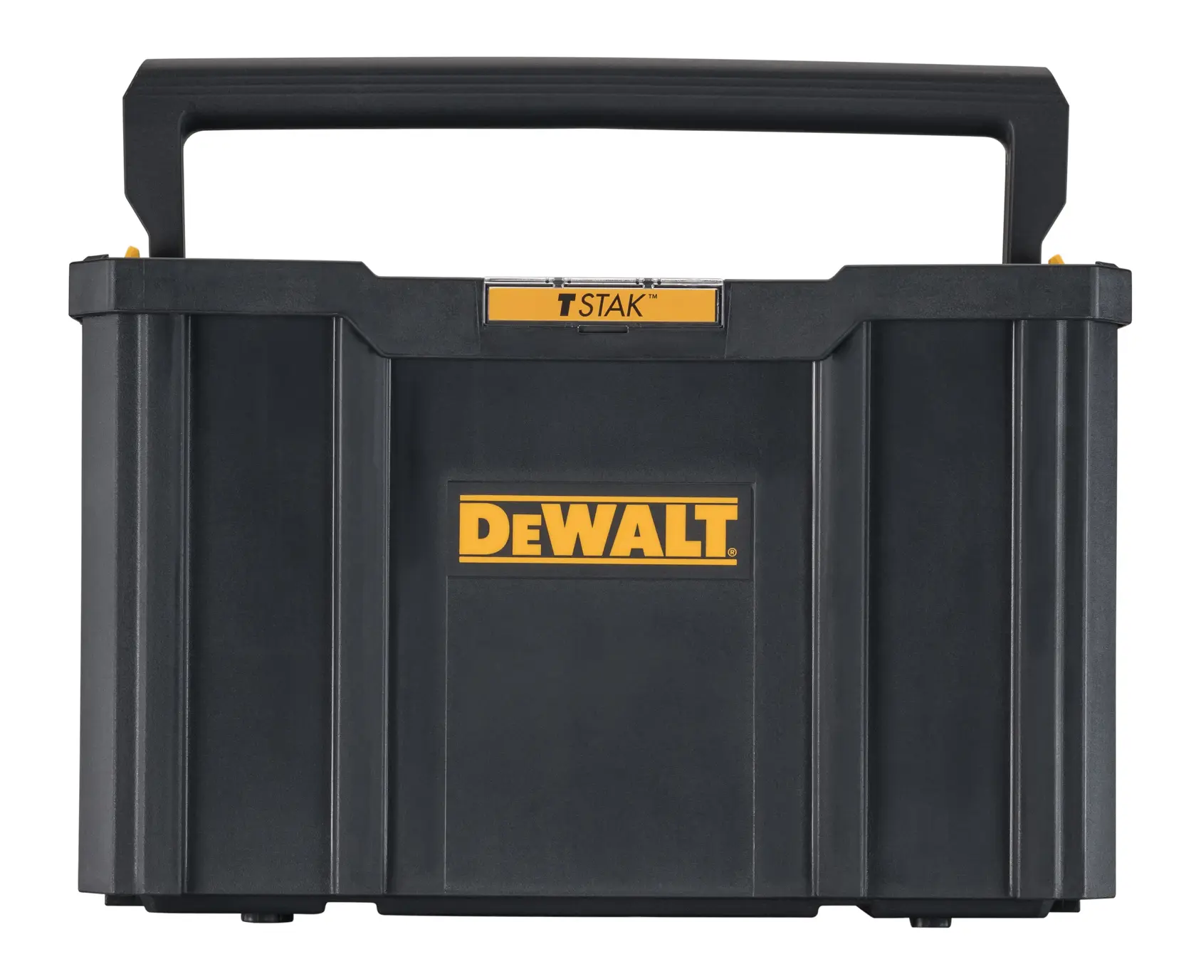 Vista frontal de una caja de herramientas negra DEWALT TSTAK con un asa resistente, logo amarillo DEWALT y etiqueta amarilla TSTAK en la parte superior.