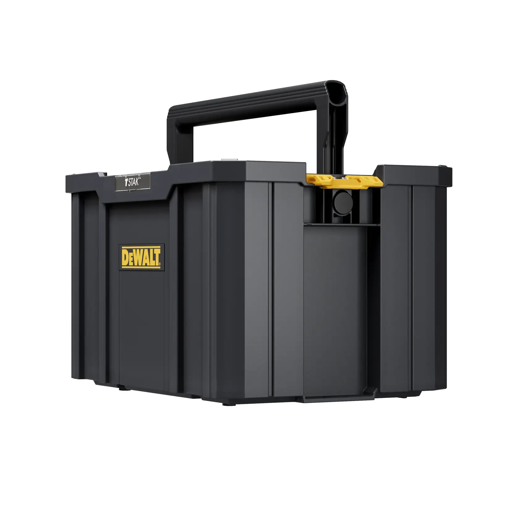 Caja de herramientas negra DEWALT con construcción resistente, incorpora un asa fuerte. La caja está etiquetada como 'DWST17809' y el texto resalta que es resistente a la oxidación, se puede usar en la lluvia y tiene una capacidad de 22 libras (10 kg).