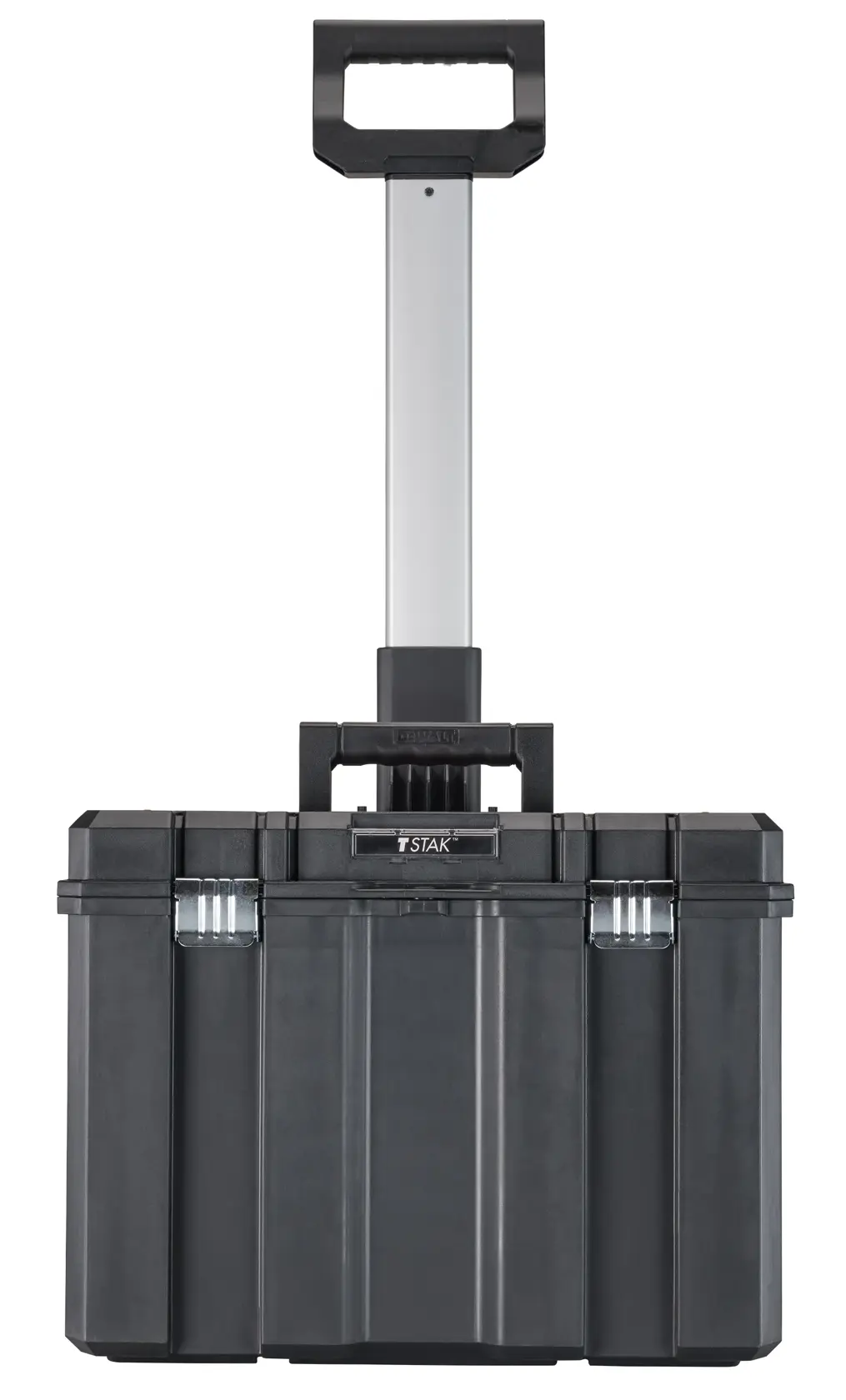 Caja de herramientas rodante negra DEWALT TSTAK con manija telescópica y dos ruedas grandes y duraderas. El texto indica capacidad sola de 66 lbs (30 kg), capacidad apilada de 110 lbs (50 kg) y ruedas de 7 pulgadas de diámetro. Modelo: DWST17820.