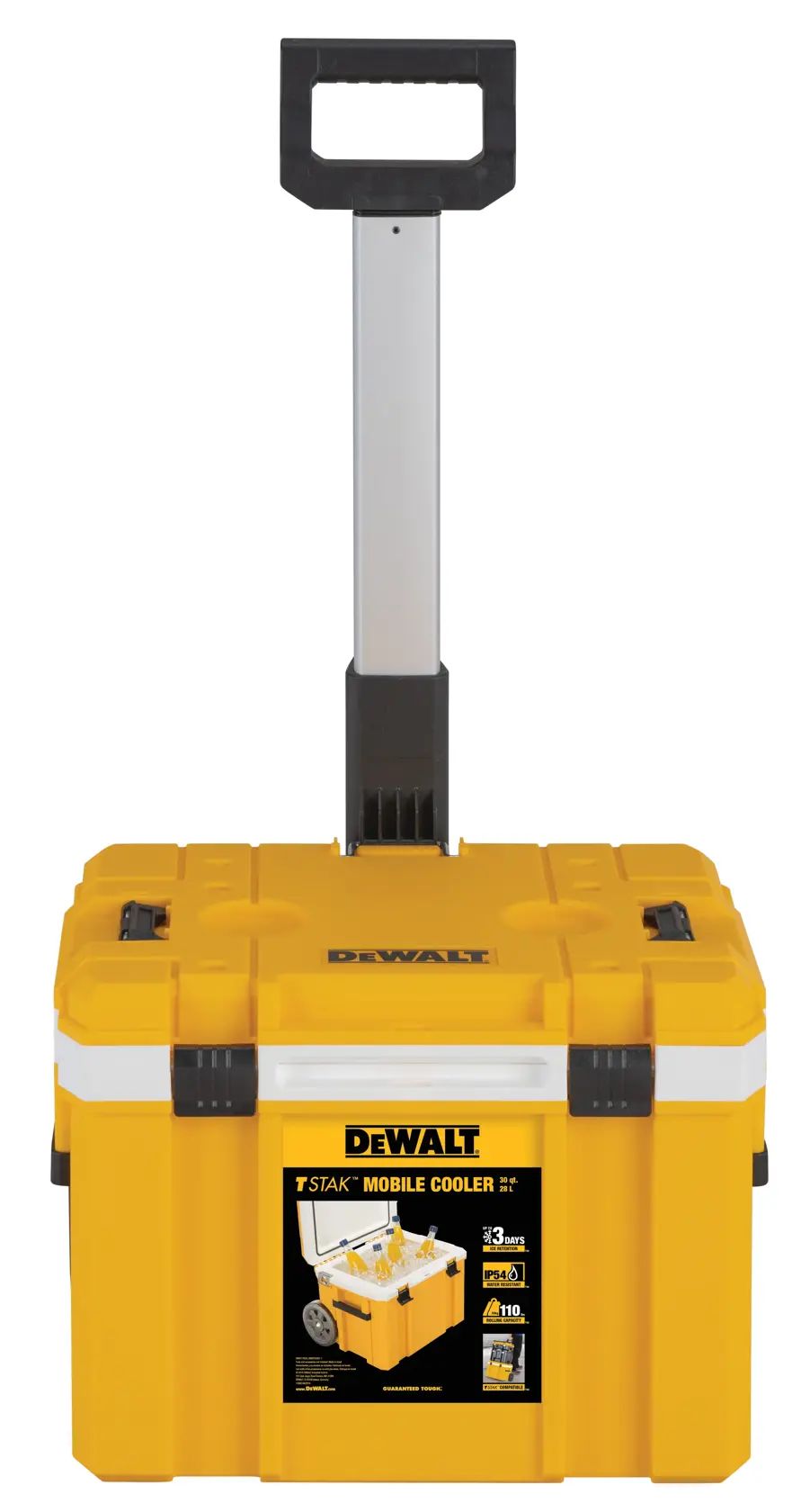 Una nevera móvil amarilla DEWALT TSTAK con asa telescópica negra y plateada, vista desde el frente. La etiqueta en el frente muestra las características del producto.