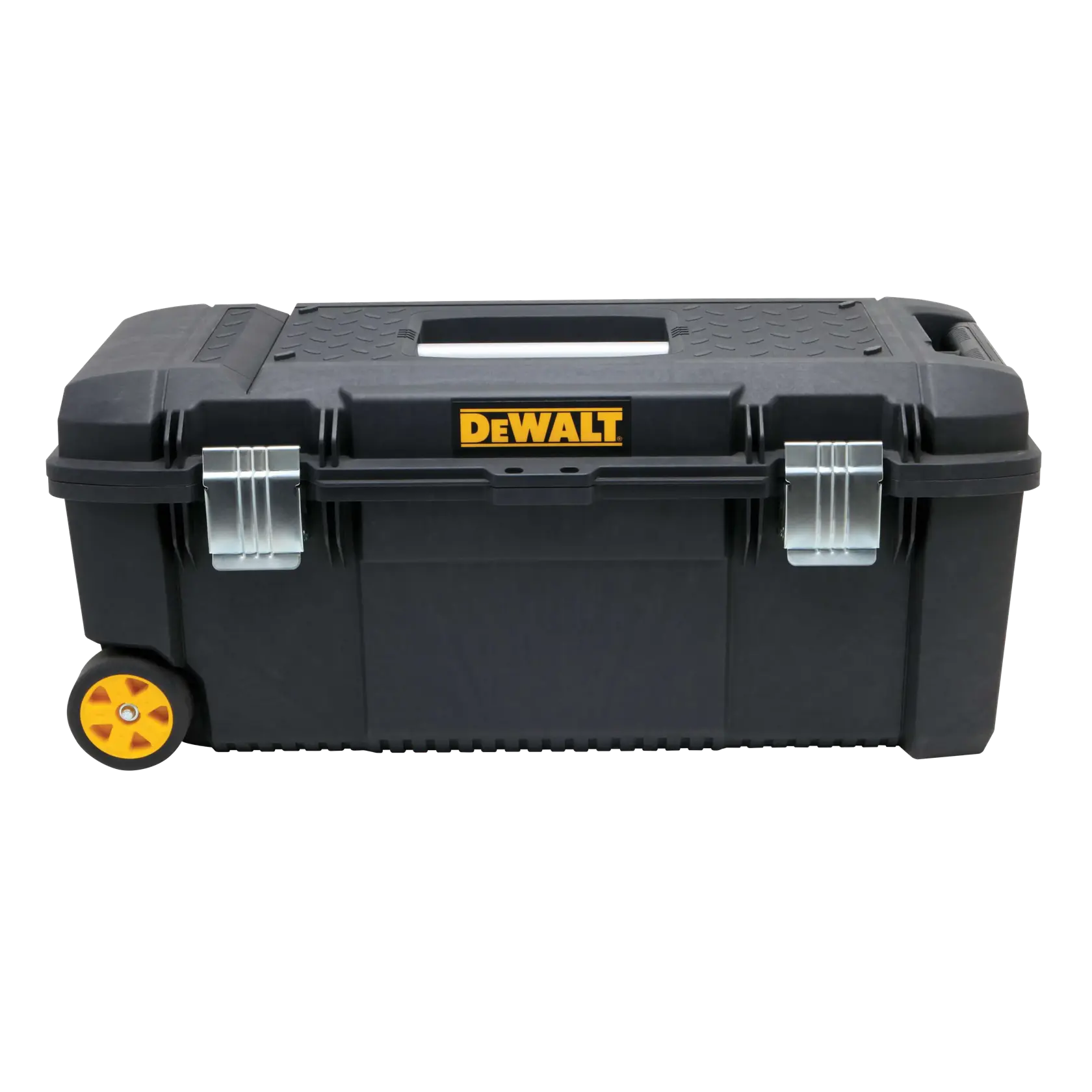 Caja de herramientas móvil negra DEWALT con pestillos de metal, un asa central en la tapa y dos ruedas amarillas y negras en un lado.