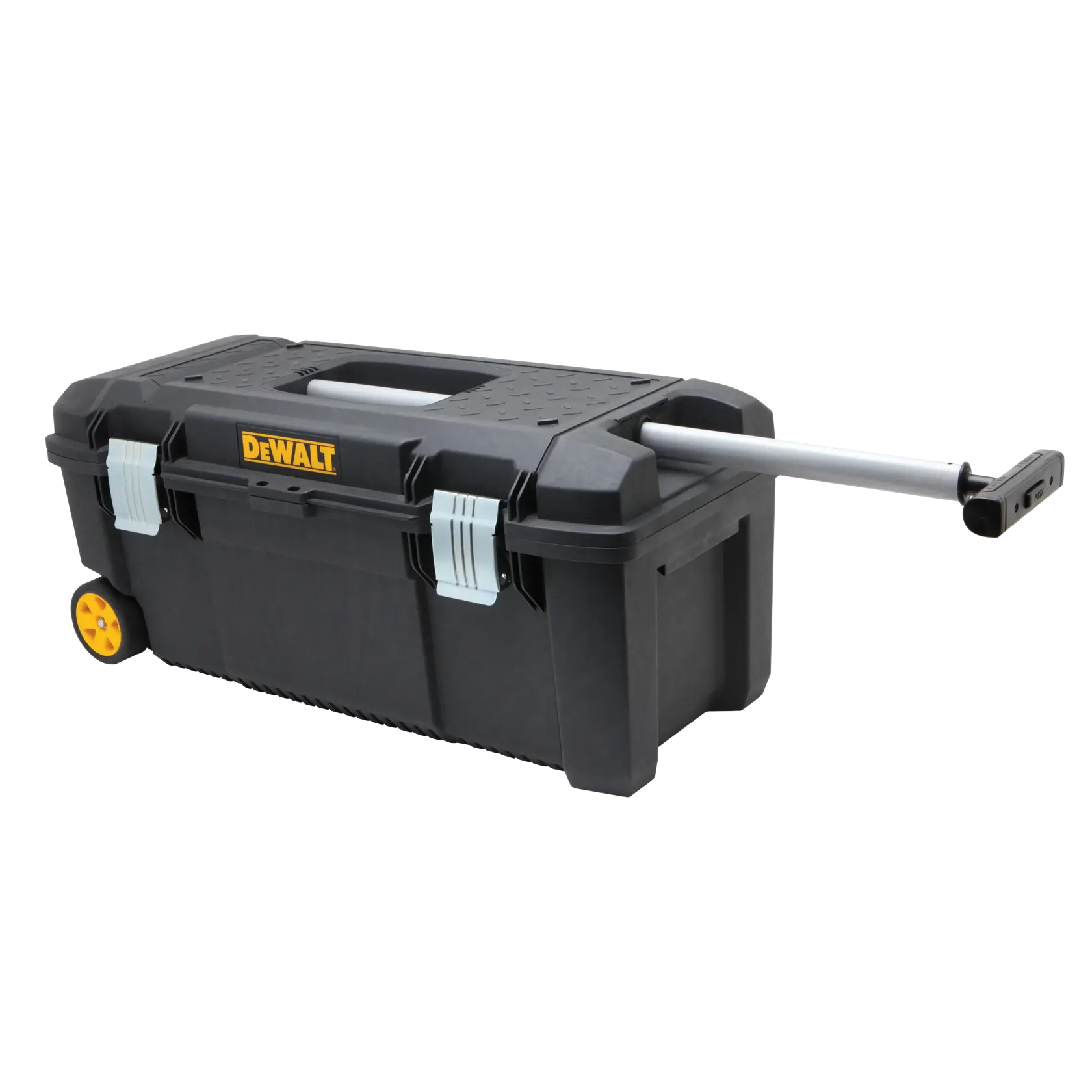 Caja de herramientas rodante DEWALT negra con ruedas amarillas y un asa telescópica. La caja tiene cierres resistentes y está diseñada para facilitar el transporte y el almacenamiento seguro de herramientas.