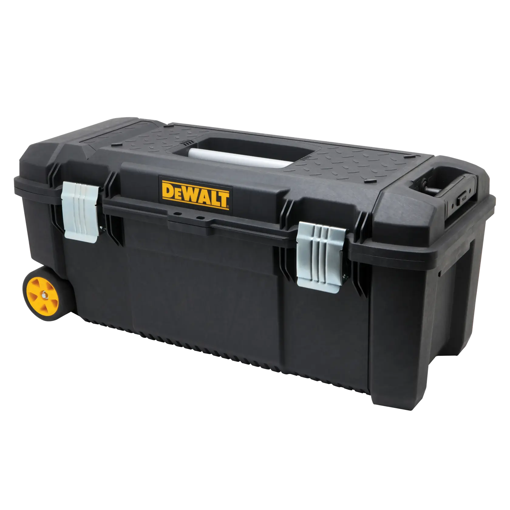 Caja de herramientas DEWALT negra con ruedas amarillas y cierres metálicos grises, adecuada para guardar y transportar herramientas.