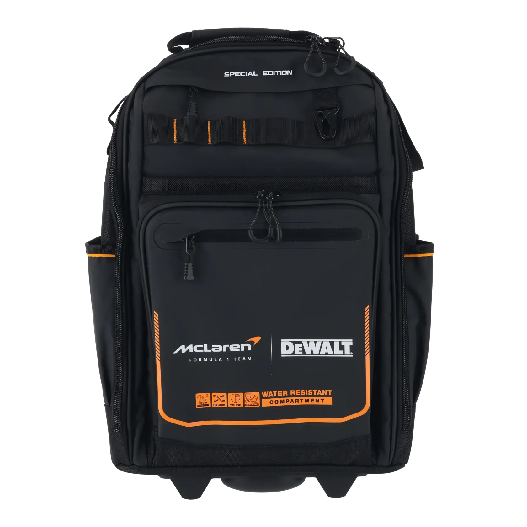 Mochila negra DEWALT McLaren con bordes naranjas, compartimento resistente al agua, edición especial.