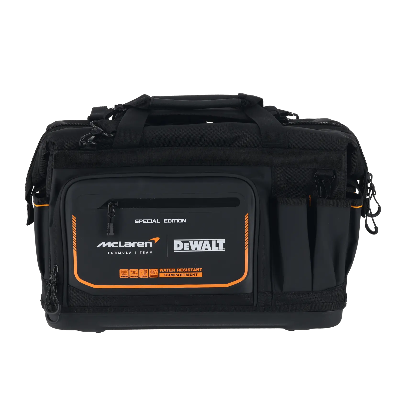 Bolsa de herramientas negra DEWALT con logo McLaren, compartimentos múltiples, resistente al agua.