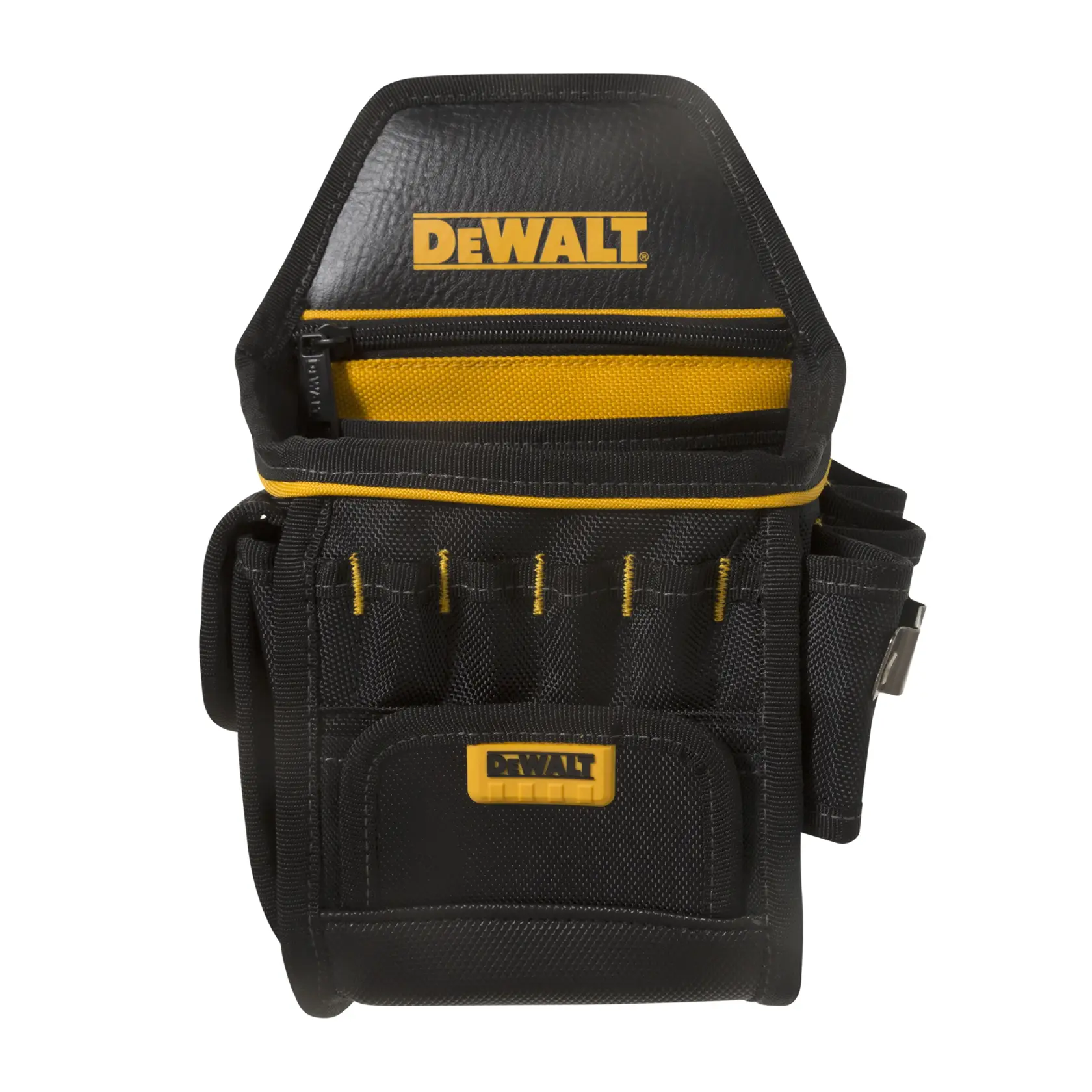 Bolsa para herramientas DEWALT negra y amarilla con varios bolsillos y compartimentos para organizar herramientas, luciendo el logo DEWALT en el frente.