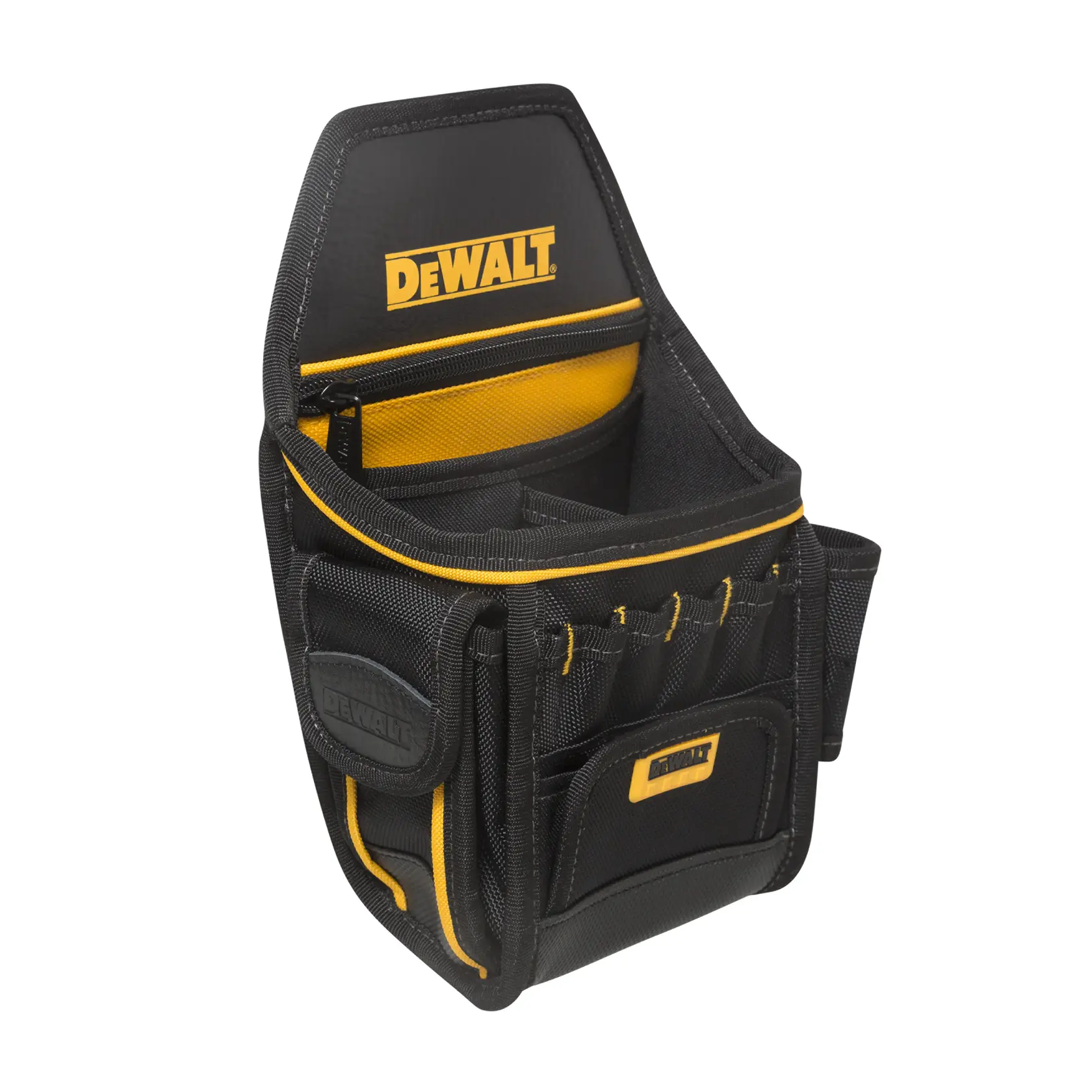 Una bolsa de herramientas negra y amarilla DEWALT con varios bolsillos y compartimentos, diseñada para llevar herramientas y accesorios.