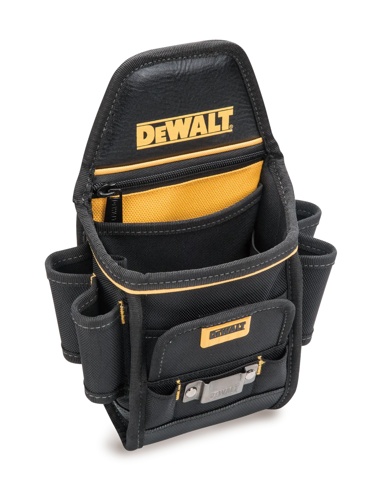 Bolsa para herramientas DEWALT negra y amarilla con varios compartimentos y bolsillos, diseñada para llevar herramientas y accesorios.