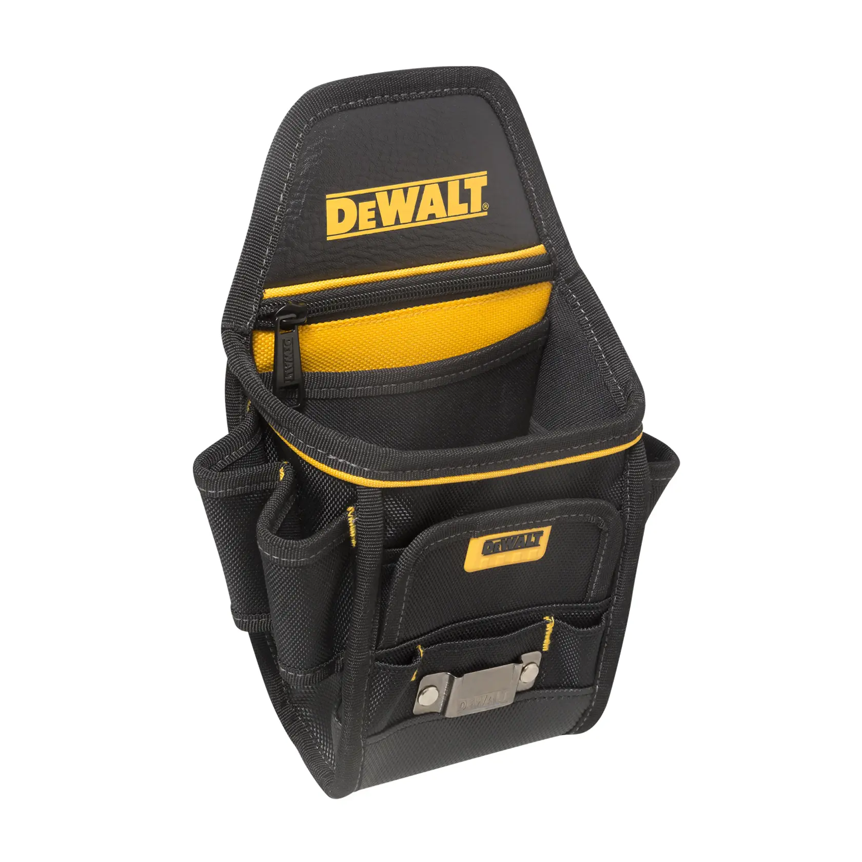 Un bolso para herramientas DEWALT de tela negra y amarilla con varios compartimentos, bolsillos y una cremallera, diseñado para transportar herramientas y accesorios.
