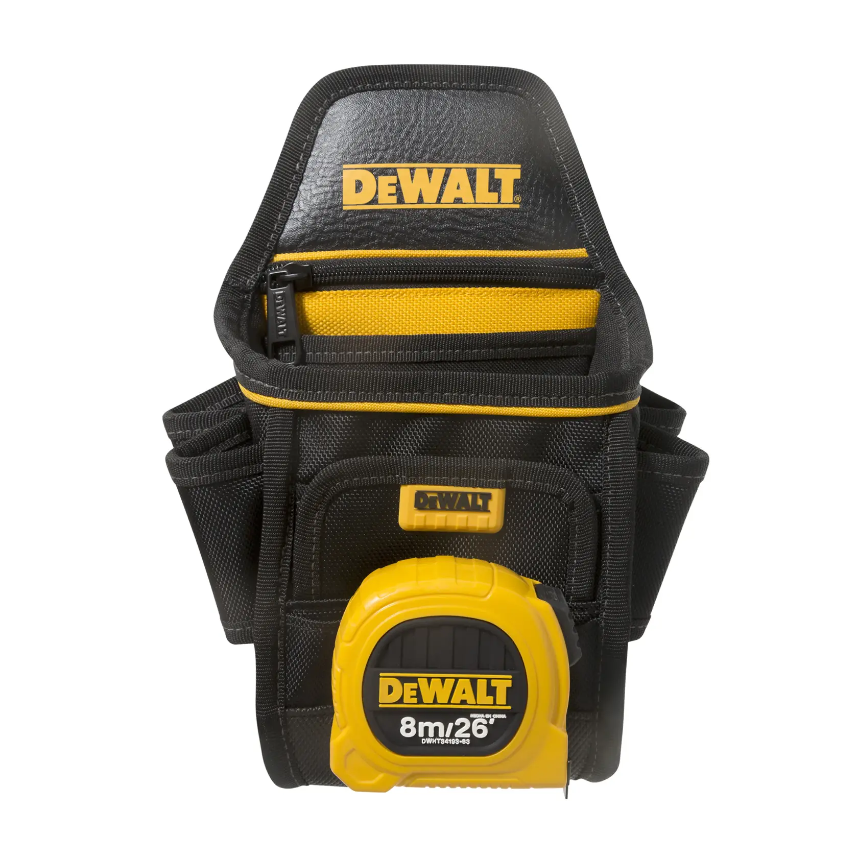 Bolsa para herramientas de marca DEWALT en negro y amarillo, con varios compartimentos y una cinta métrica adjunta en el frente.