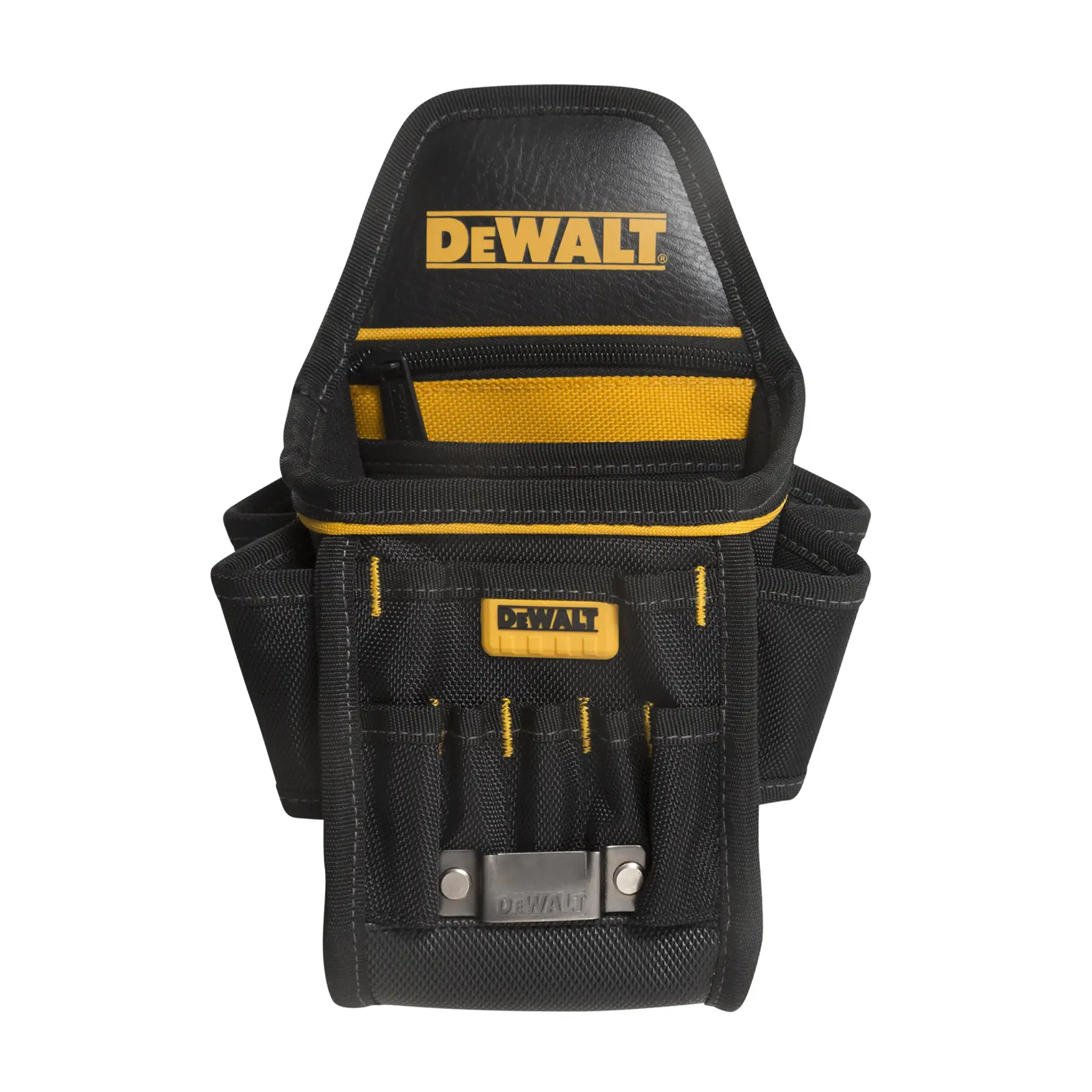 Una bolsa para herramientas DEWALT negra y amarilla con varios bolsillos y compartimentos, diseñada para guardar herramientas y accesorios. El logotipo de DEWALT es visible en el frente y la solapa superior.