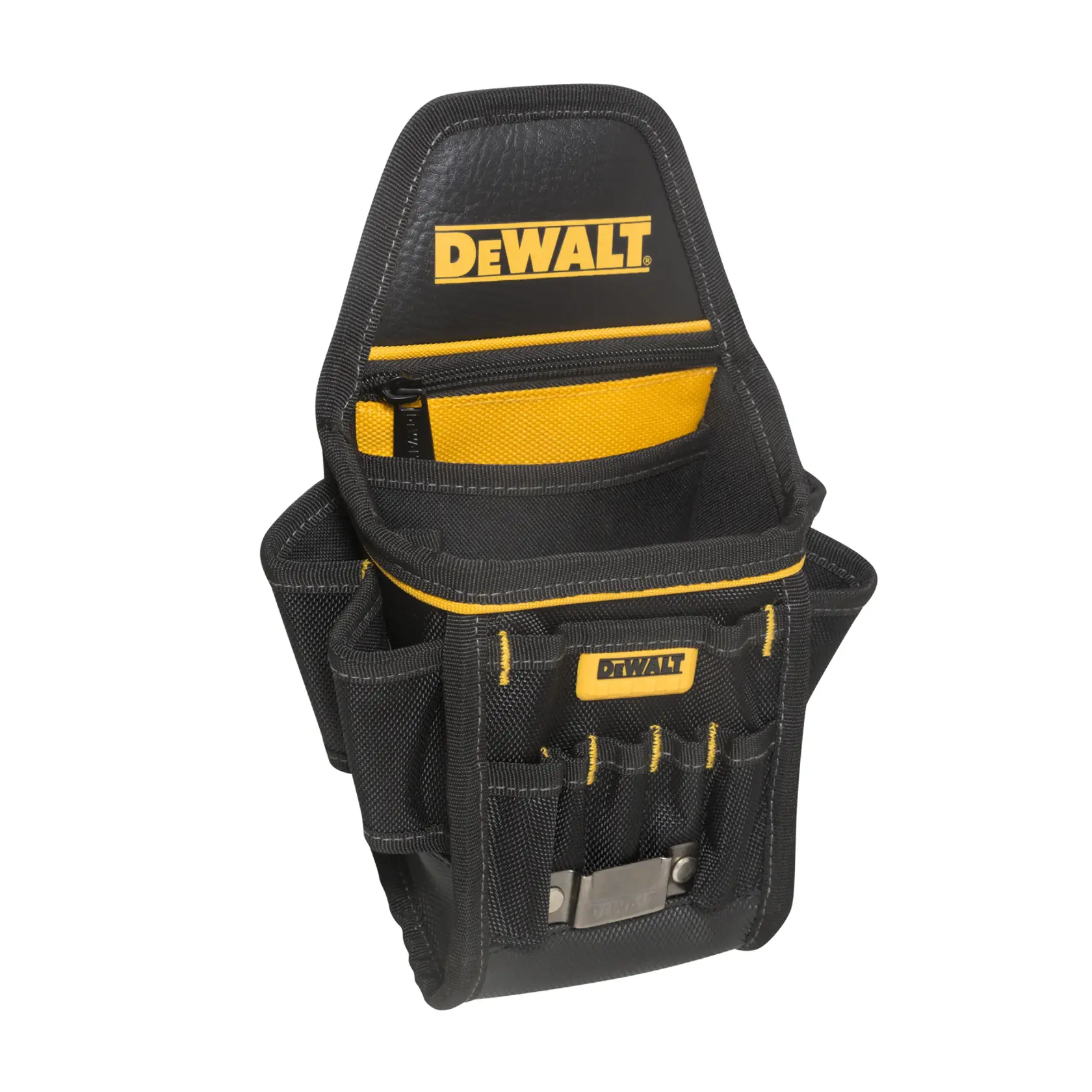 Bolsa de herramientas DEWALT negra y amarilla con múltiples compartimentos y bolsillos, diseñada para llevar herramientas y accesorios.