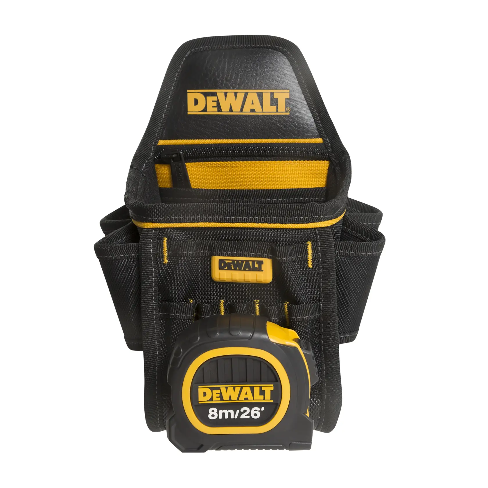 Una bolsa de herramientas negra y amarilla de la marca DEWALT con varios compartimentos, incluida una bolsa con cremallera y una cinta métrica DEWALT de 8m/26ft fijada en la parte frontal.