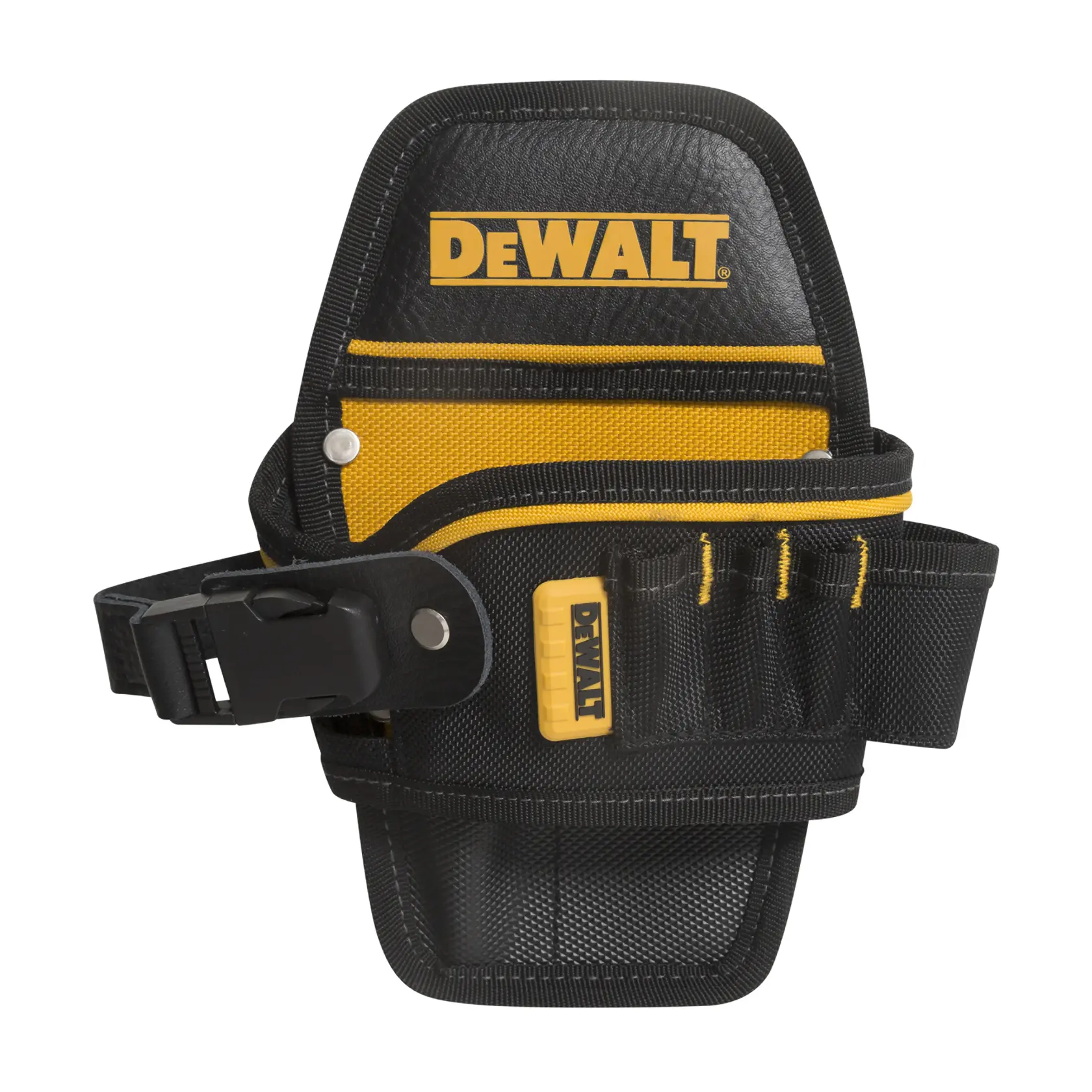 Una funda para herramientas DEWALT en negro y amarillo hecha de tela y plástico resistente, diseñada para guardar varias herramientas y accesorios. Cuenta con varios bolsillos y una hebilla de sujeción para cinturón.