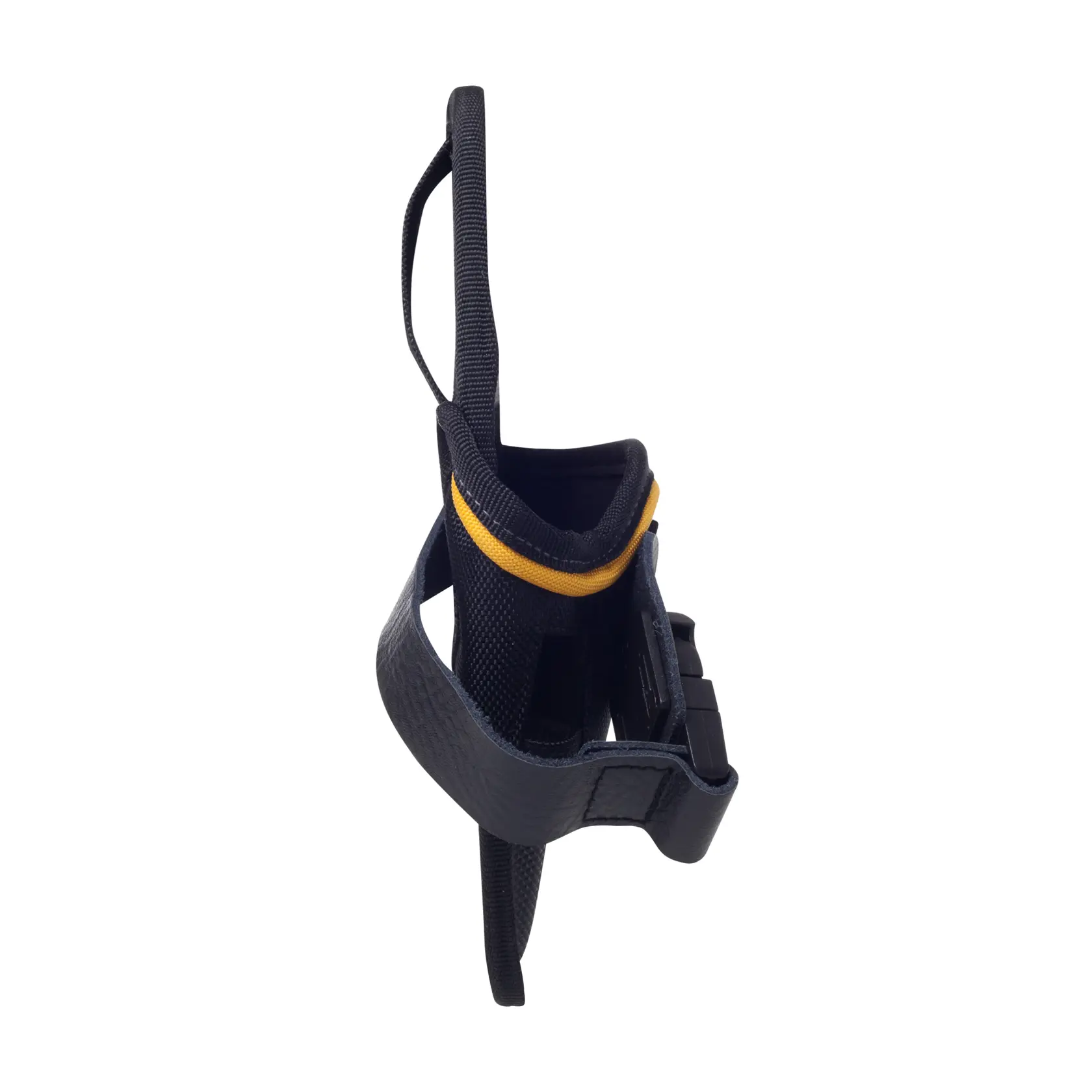 Vista lateral de una funda negra para herramientas DEWALT con un detalle amarillo, hecha de material textil, diseñada para llevar herramientas.